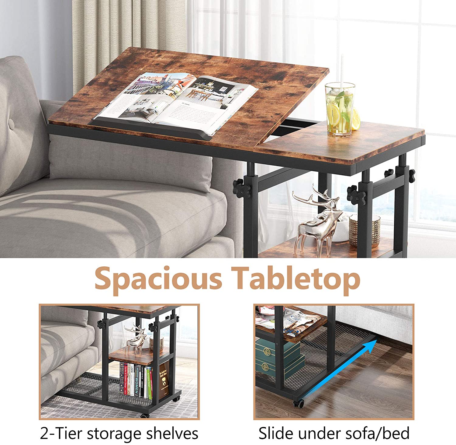 Height Adjustable C Table, Mobile Side Table with Tiltable Drawing Board - Image 6