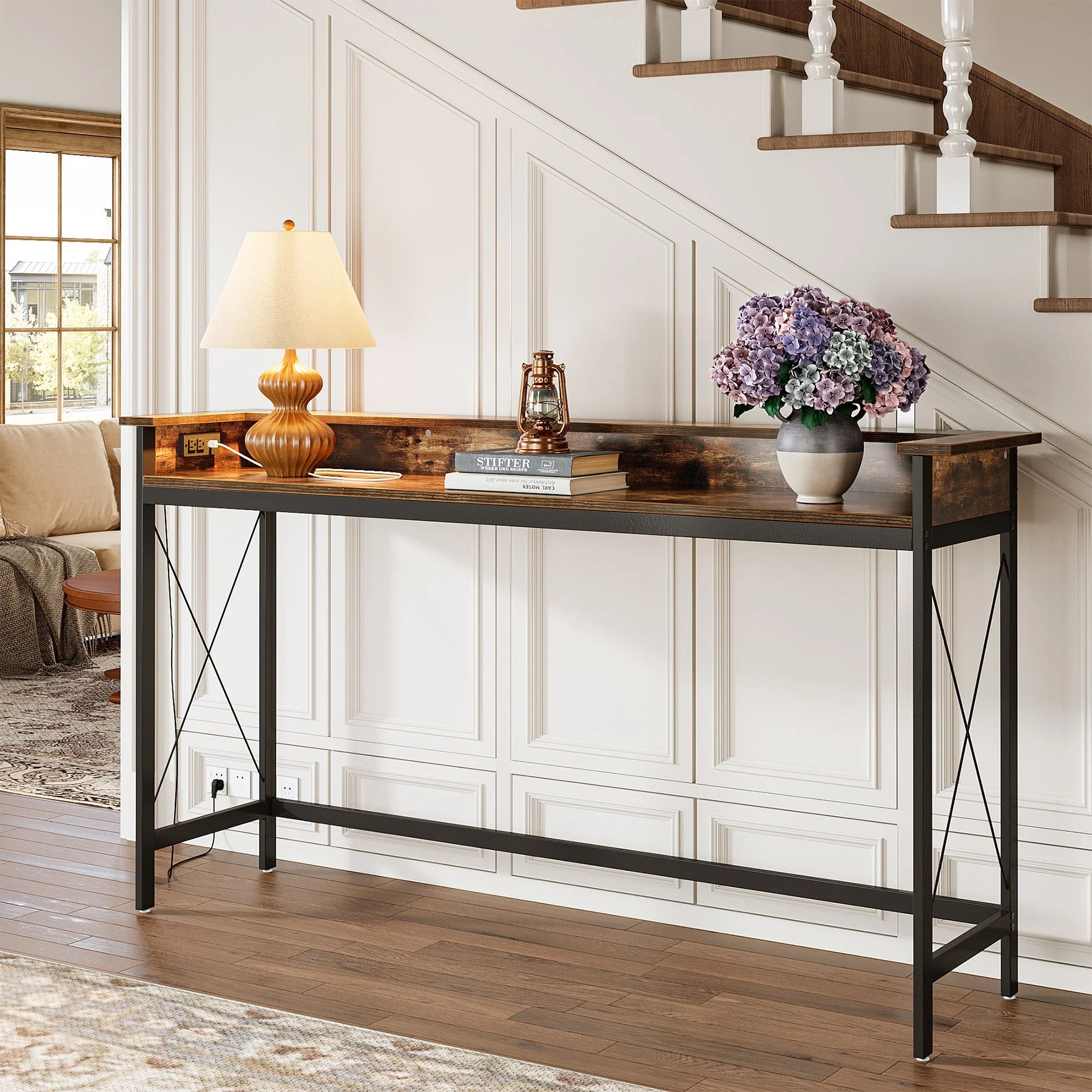 Industrial Console Table, 70.9" Sofa Table with Outlets and USB Ports - Image 4