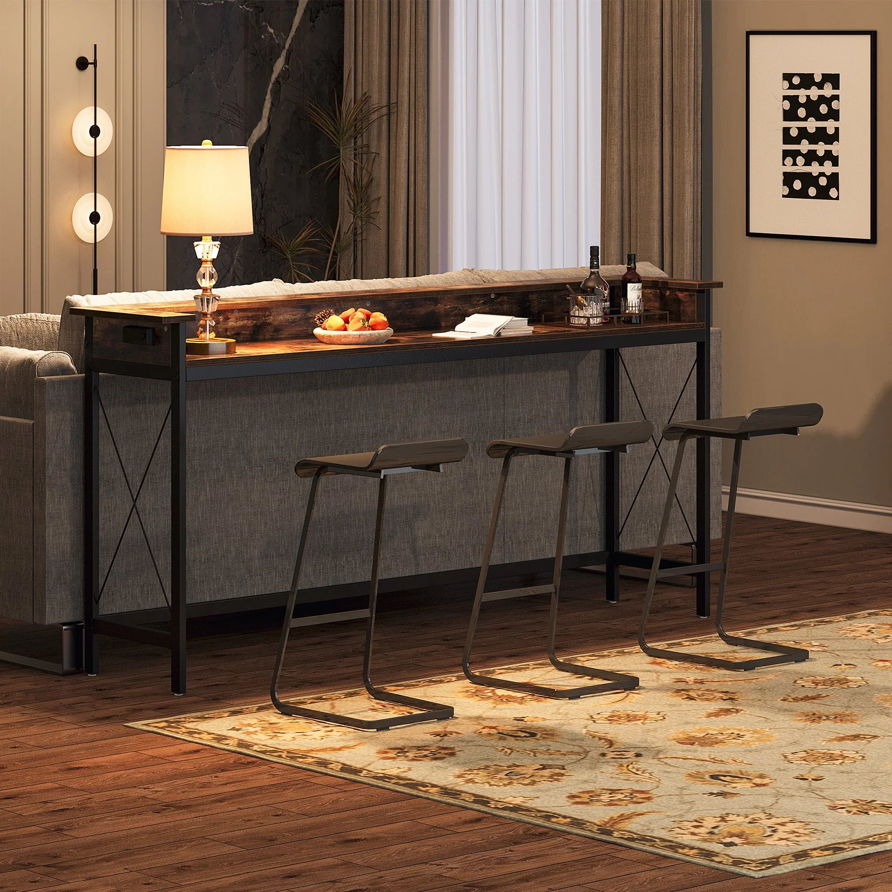 Industrial Console Table, 70.9" Sofa Table with Outlets and USB Ports - Image 5