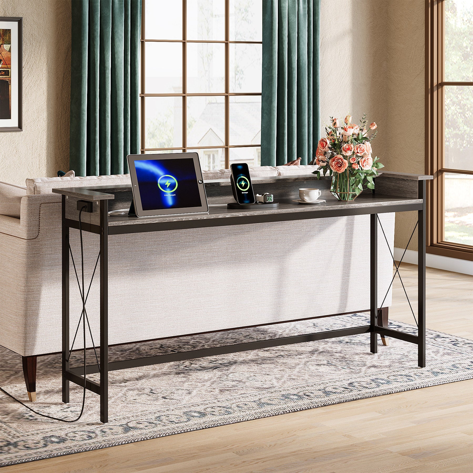 Industrial Console Table, 70.9" Sofa Table with Outlets and USB Ports - Image 7
