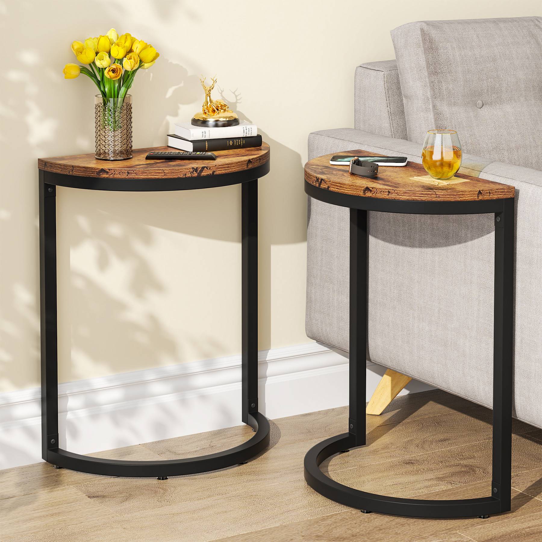 Half Round End Table, Narrow Side Table with Metal Frame - Image 9