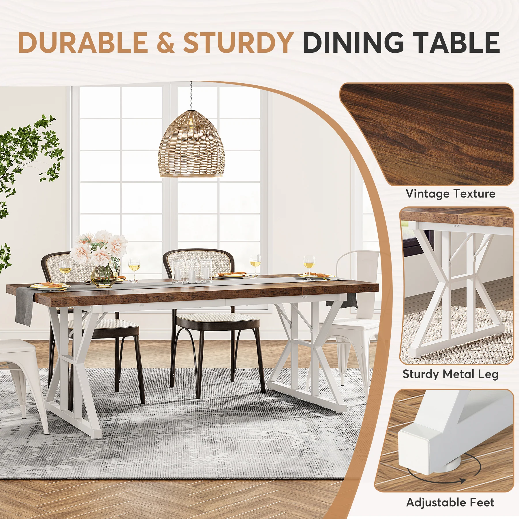 Wood Dining Table, Farmhouse 70.8" Kitchen Table for 6 People - Image 5