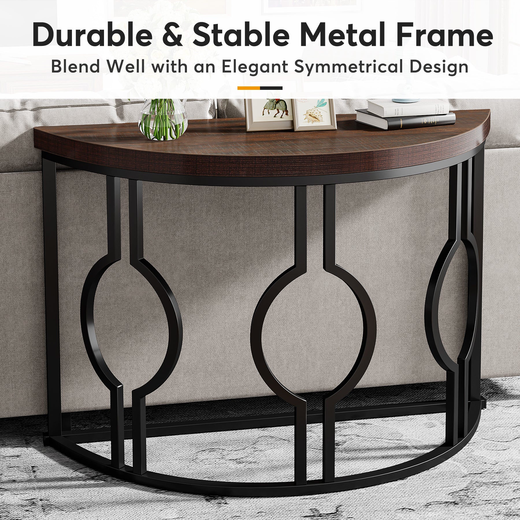 43" Industrial Console Table, Half Moon Shaped Accent Sofa Table - Image 6