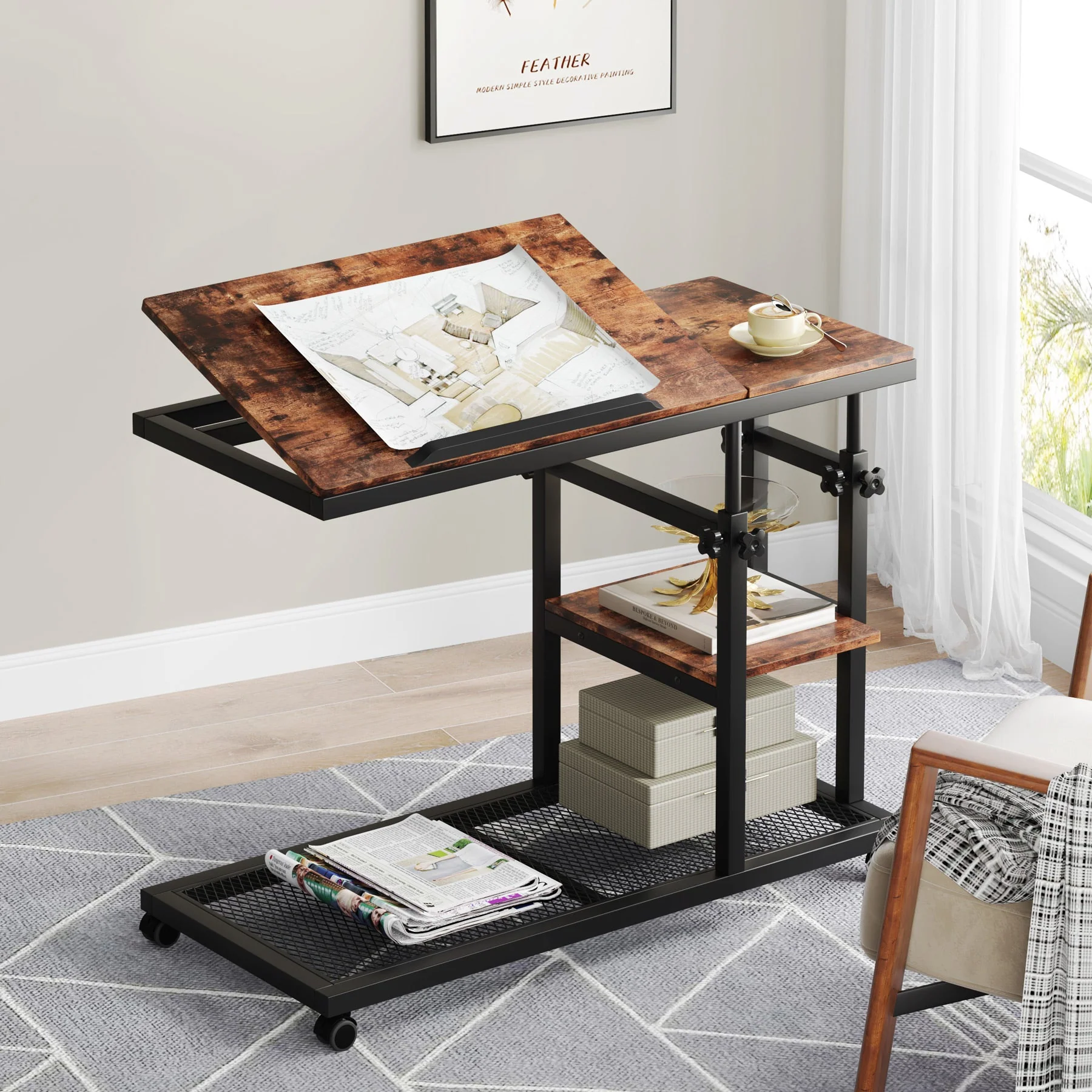 Mobile C Table, Height Adjustable Snack Tray Table with Wheels - Image 10