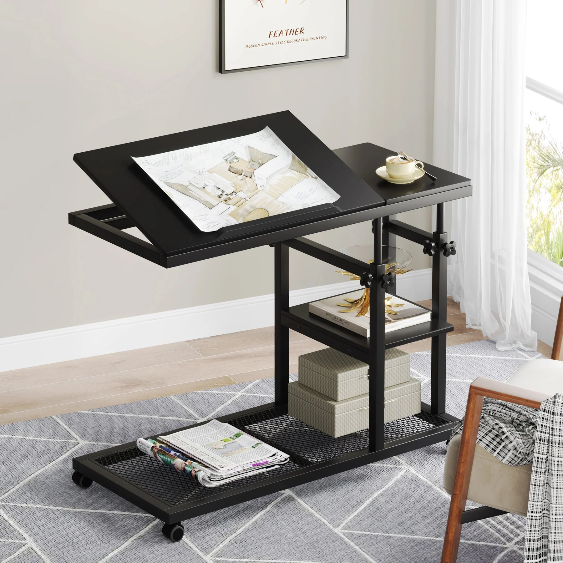 Mobile C Table, Height Adjustable Snack Tray Table with Wheels - Image 14