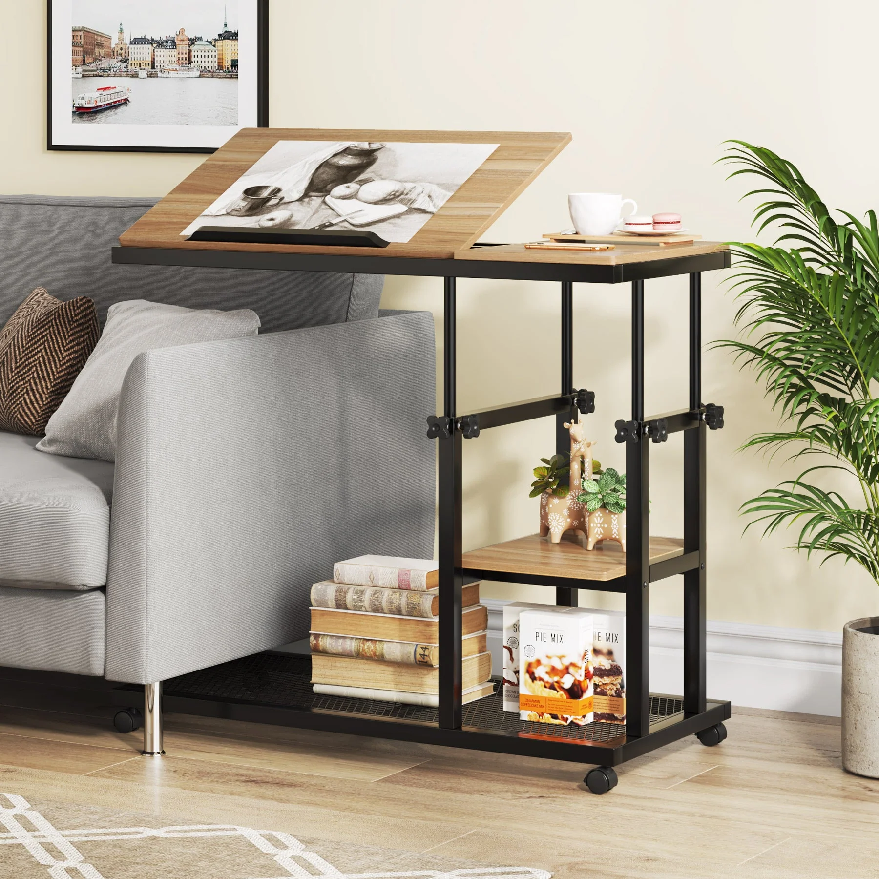 Mobile C Table, Height Adjustable Snack Tray Table with Wheels - Image 4