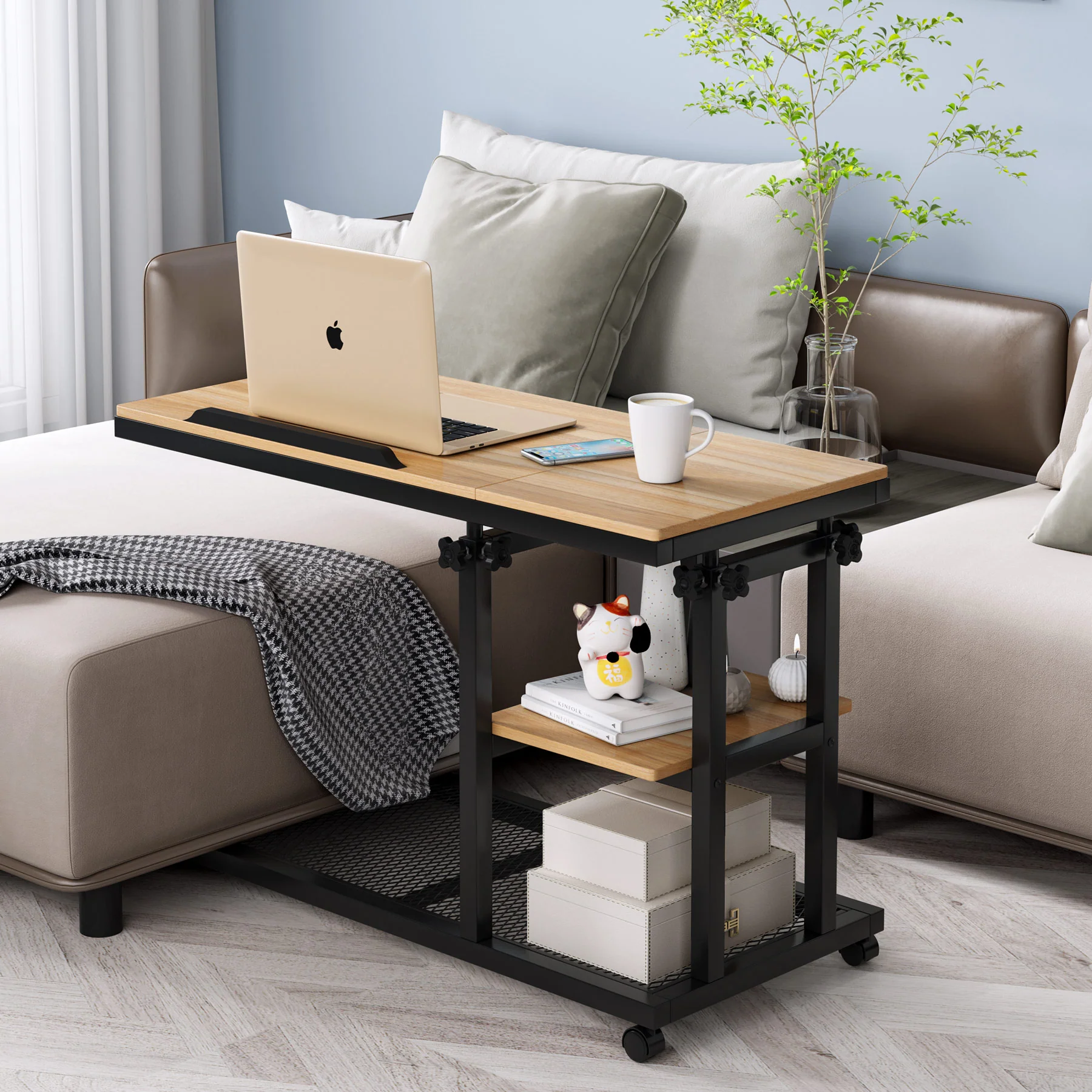 Mobile C Table, Height Adjustable Snack Tray Table with Wheels - Image 5