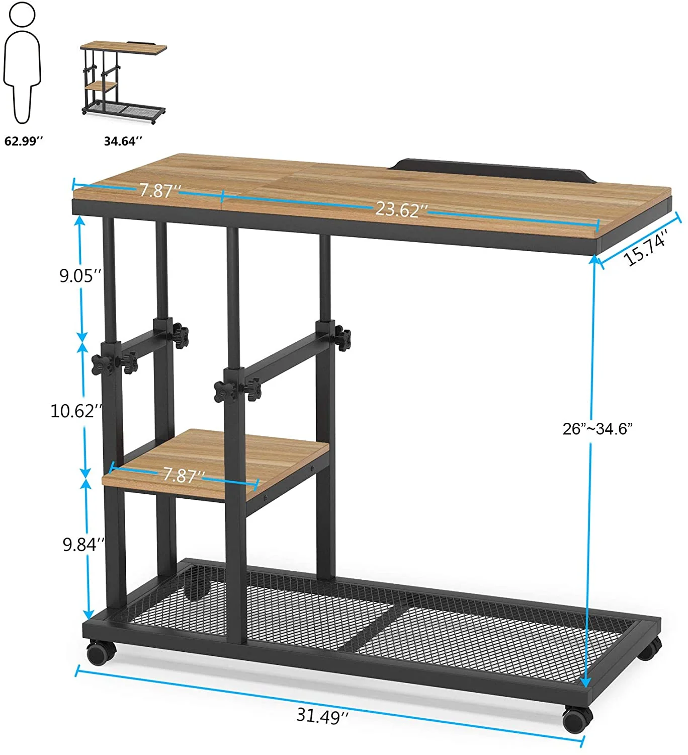 Mobile C Table, Height Adjustable Snack Tray Table with Wheels - Image 7