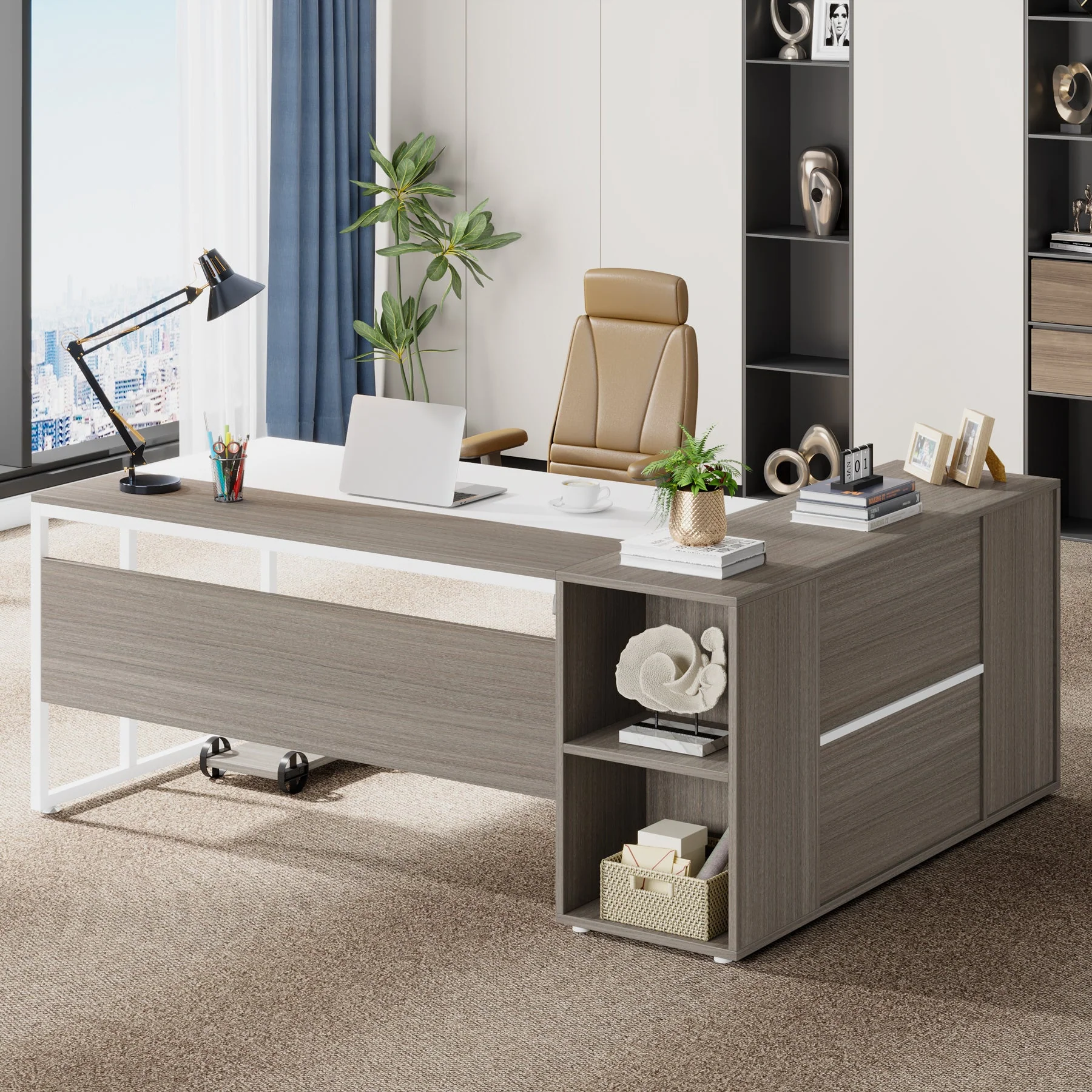 Large L-Shaped Desk, 71 inch Executive Desk with Shelves & Cabinet - Image 12
