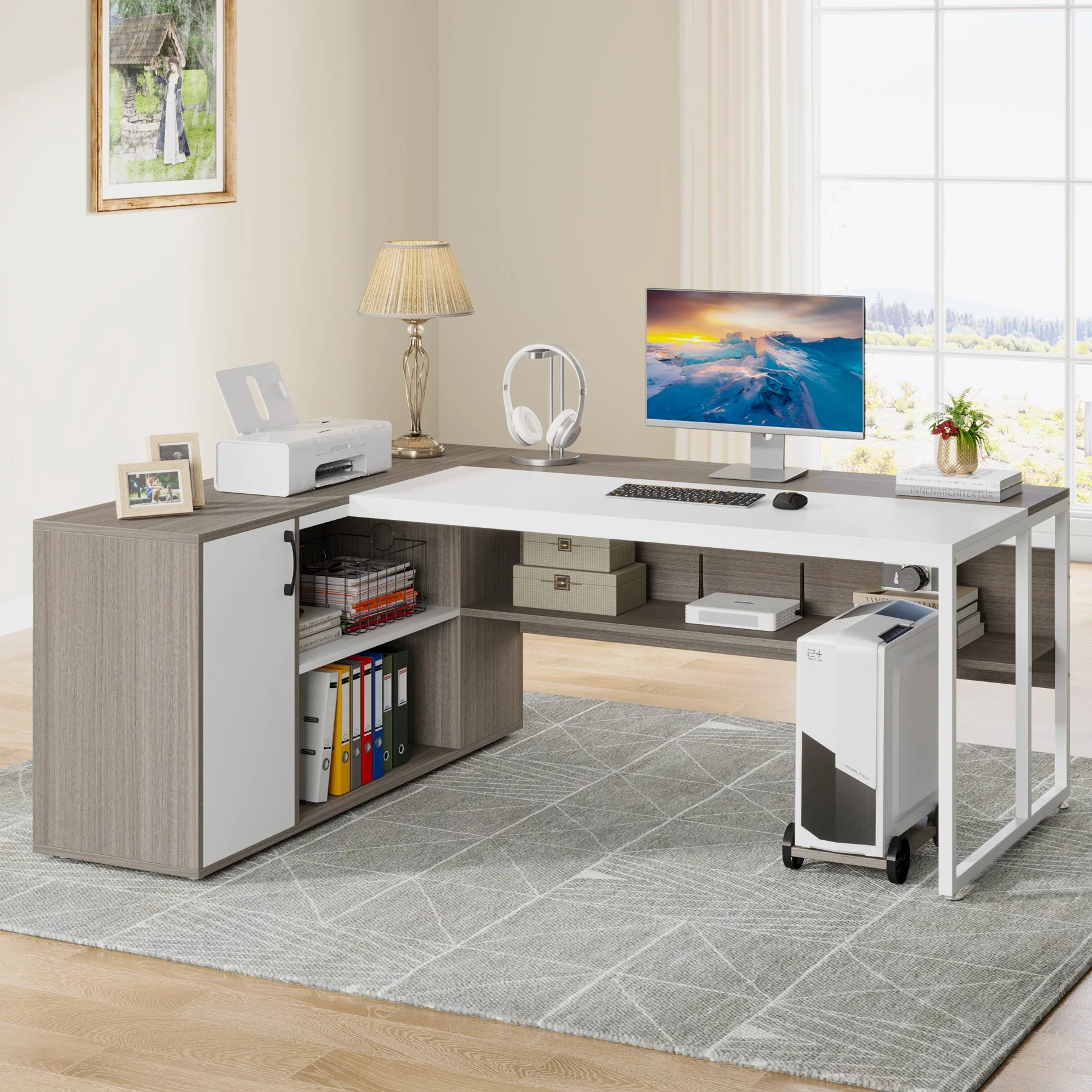 Large L-Shaped Desk, 71 inch Executive Desk with Shelves & Cabinet - Image 14