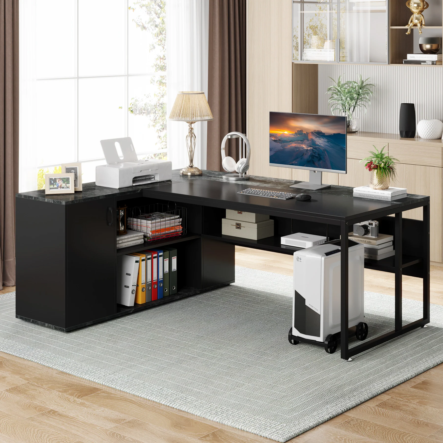 Large L-Shaped Desk, 71 inch Executive Desk with Shelves & Cabinet - Image 3