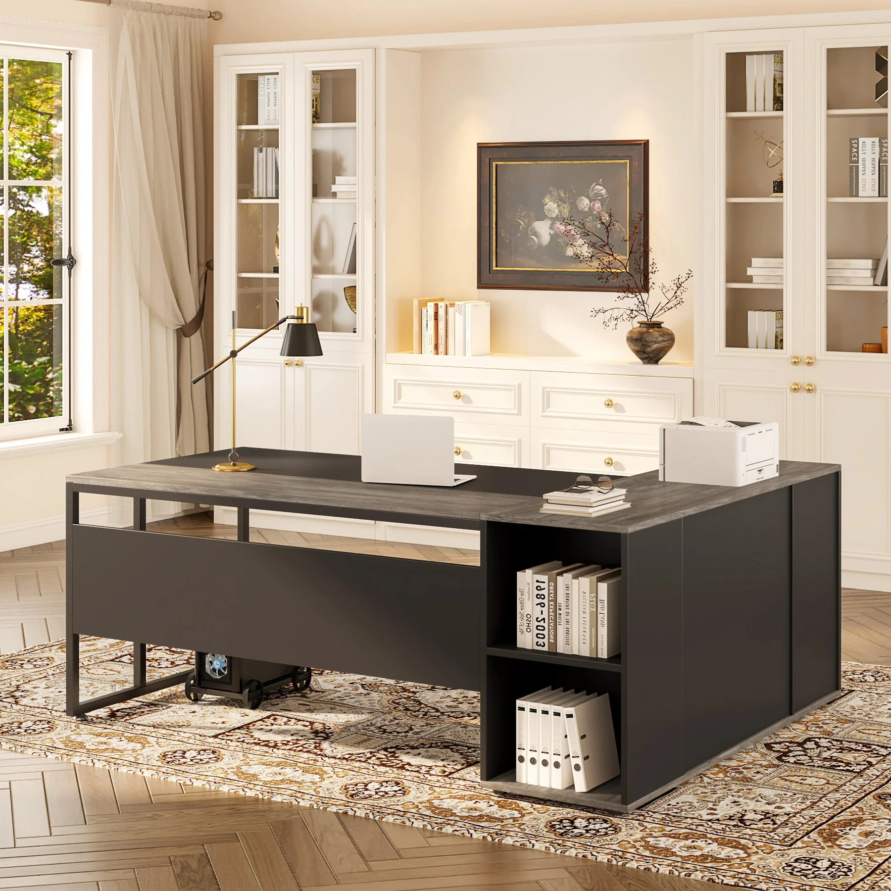 Large L-Shaped Desk, 71 inch Executive Desk with Shelves & Cabinet - Image 5