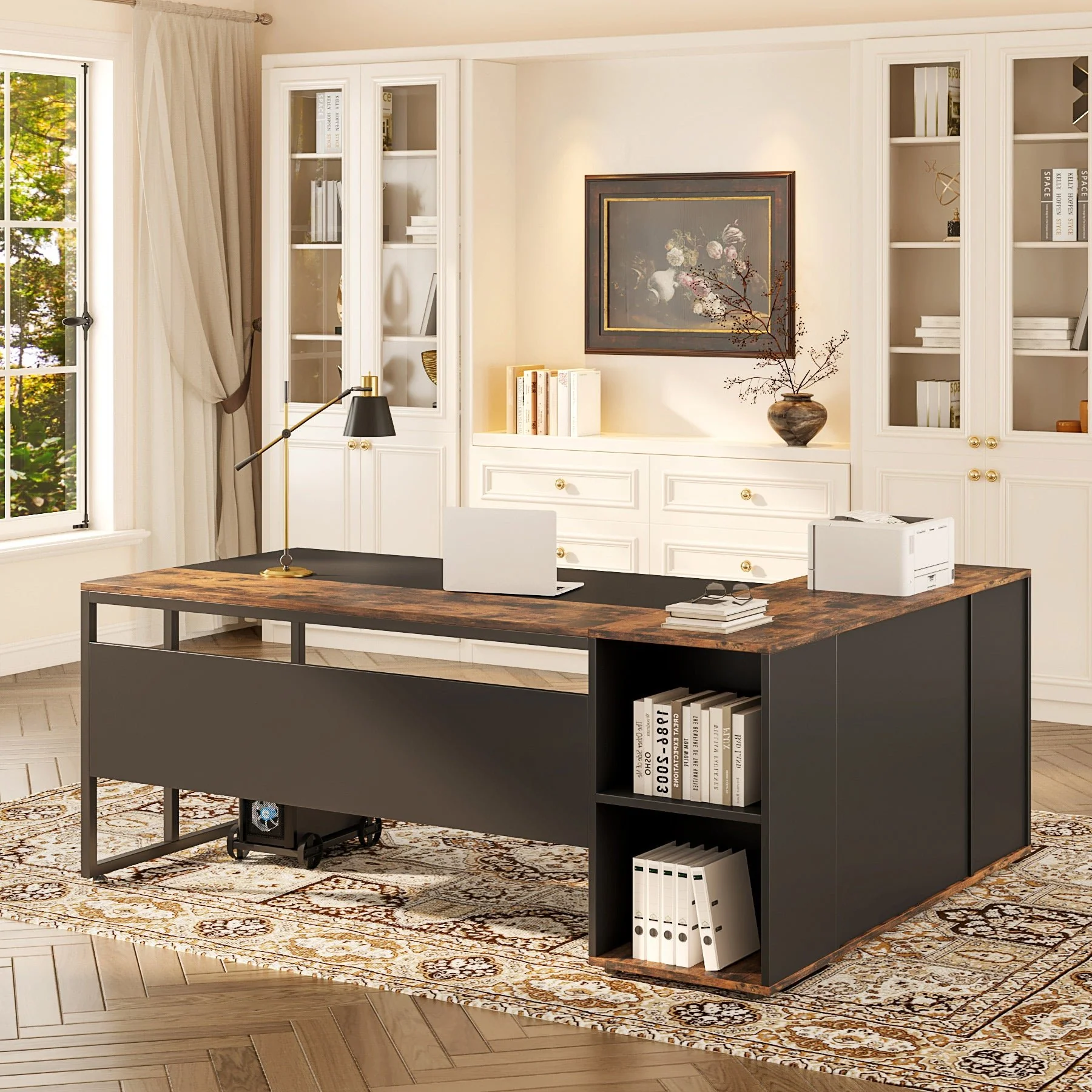 Large L-Shaped Desk, 71 inch Executive Desk with Shelves & Cabinet - Image 7