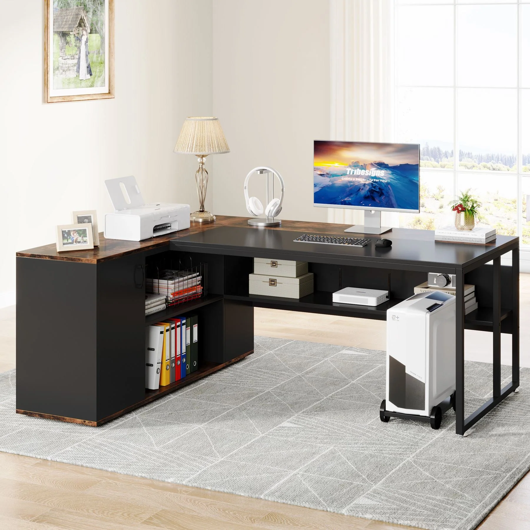 Large L-Shaped Desk, 71 inch Executive Desk with Shelves & Cabinet - Image 9