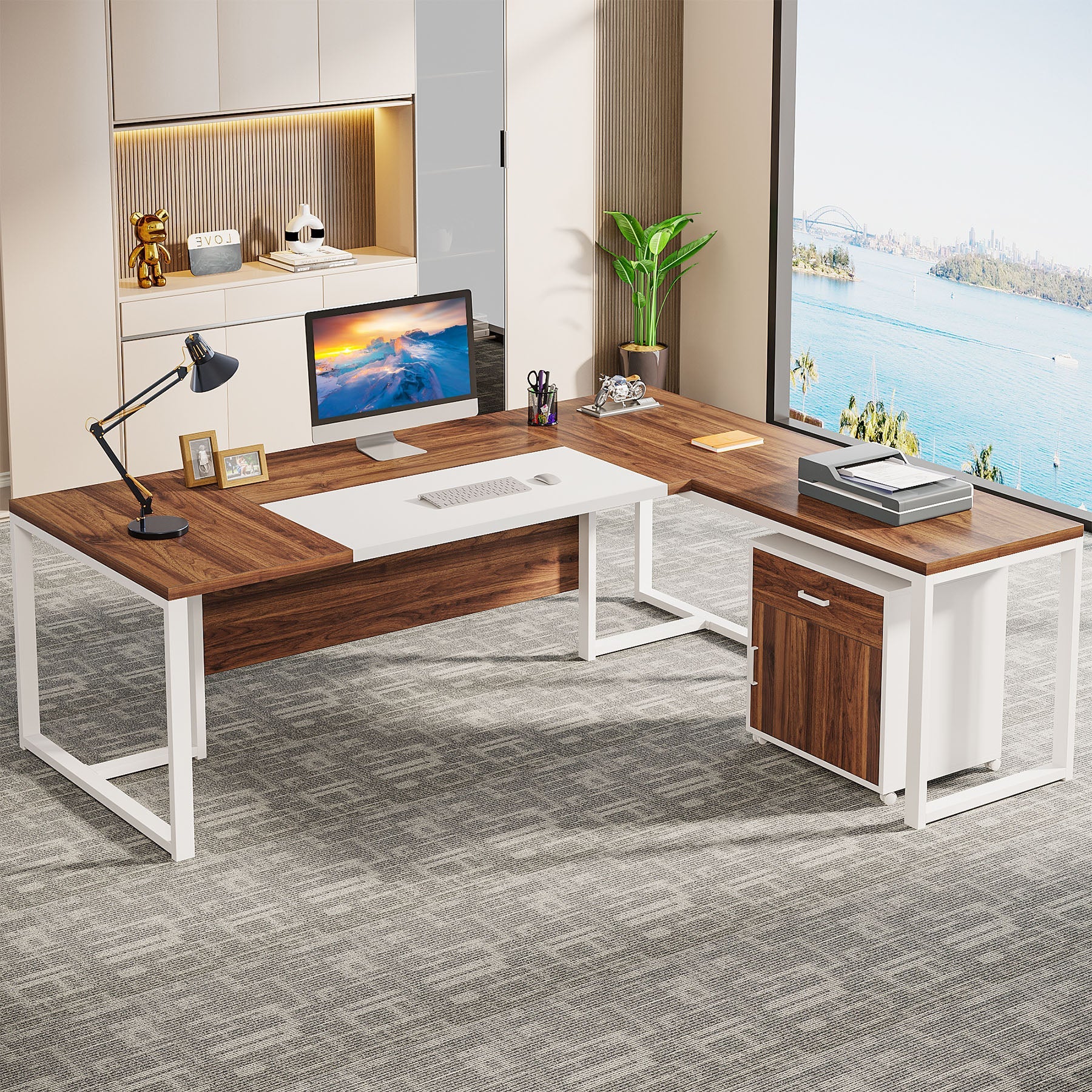 70.8" L-Shaped Desk, Large Executive Desk with Mobile File Cabinet - Image 11