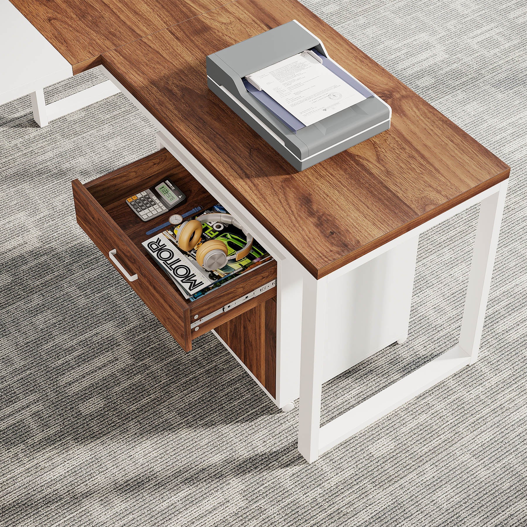 70.8" L-Shaped Desk, Large Executive Desk with Mobile File Cabinet - Image 13