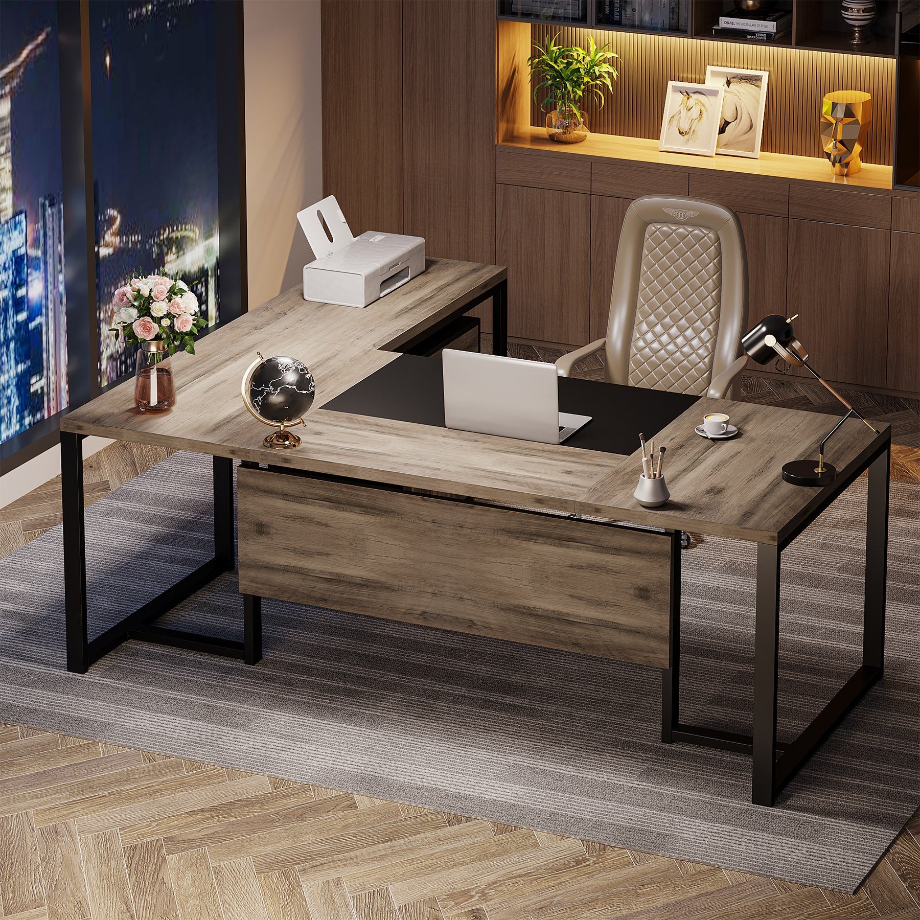 70.8" L-Shaped Desk, Large Executive Desk with Mobile File Cabinet - Image 5