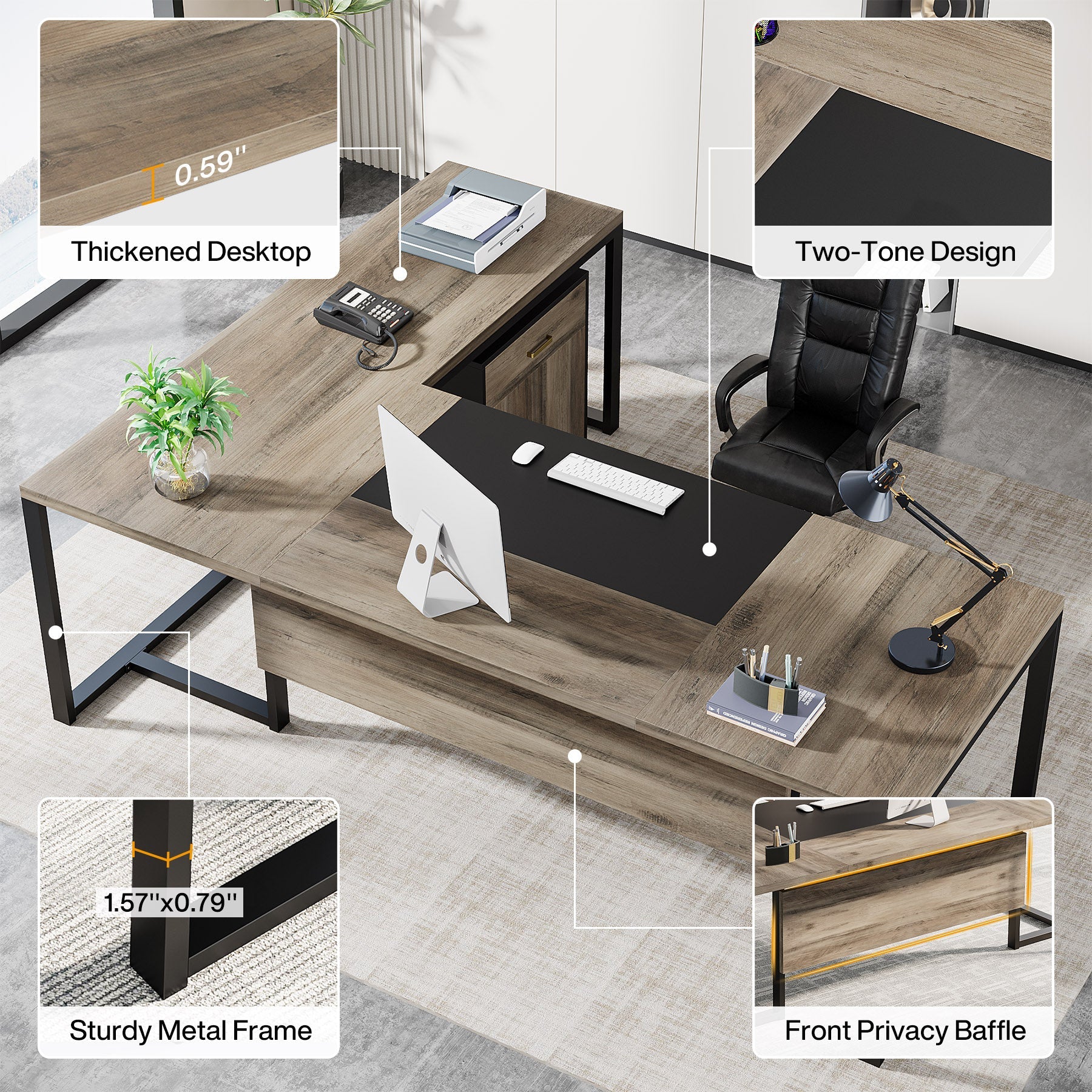 70.8" L-Shaped Desk, Large Executive Desk with Mobile File Cabinet - Image 6