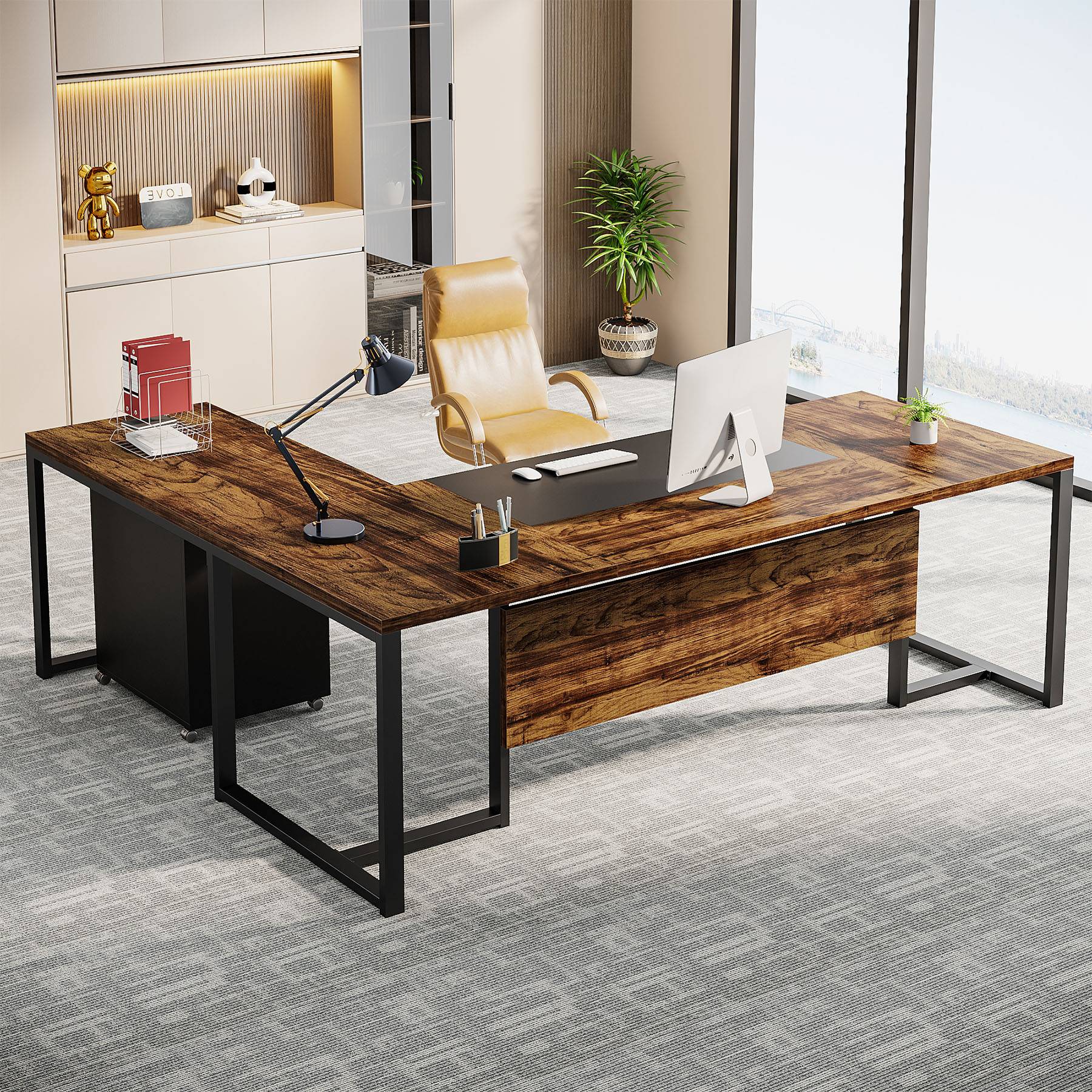 70.8" L-Shaped Desk, Large Executive Desk with Mobile File Cabinet - Image 9