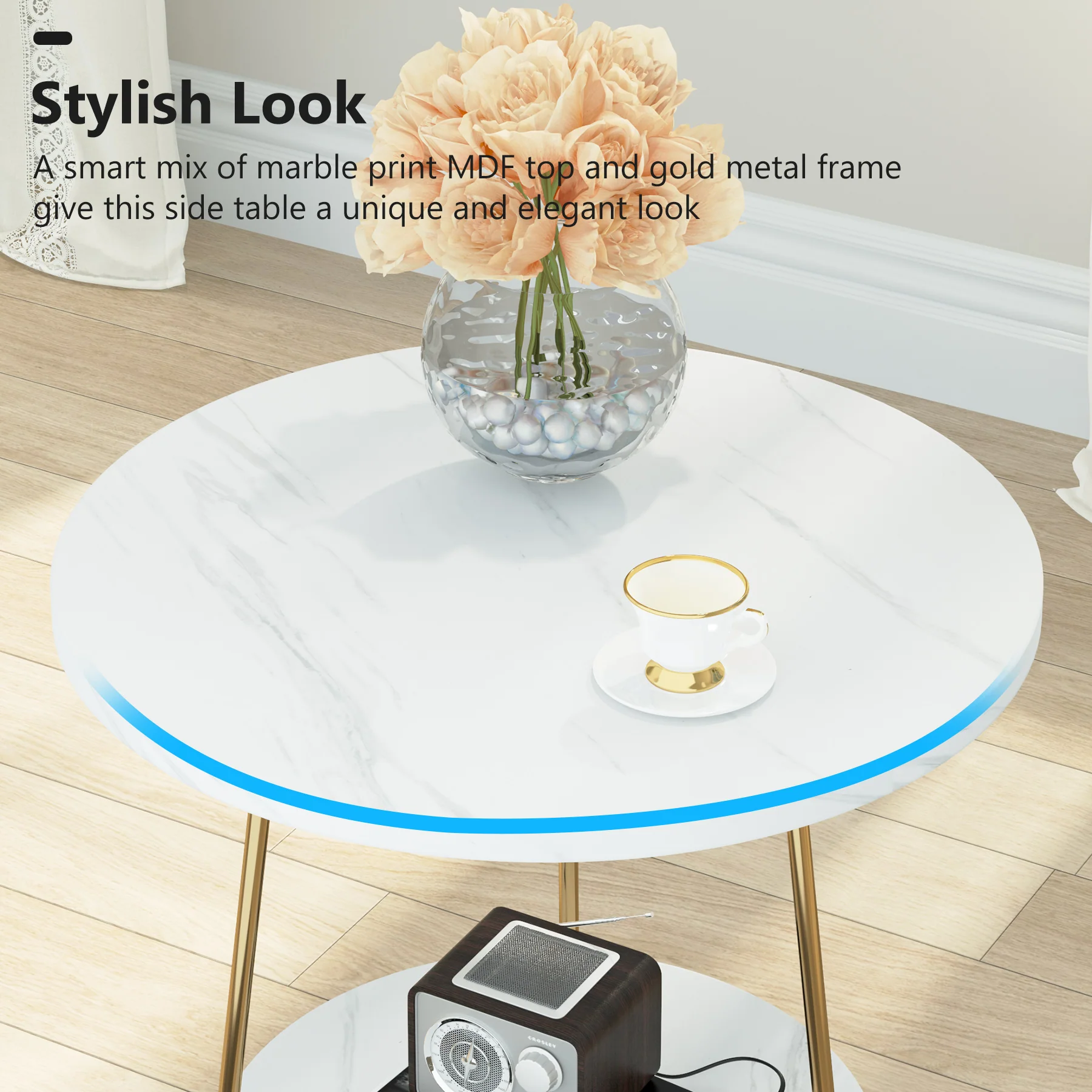 Faux Marble End Table, 2-Tier Round Sofa Bedside Table with Shelves - Image 5