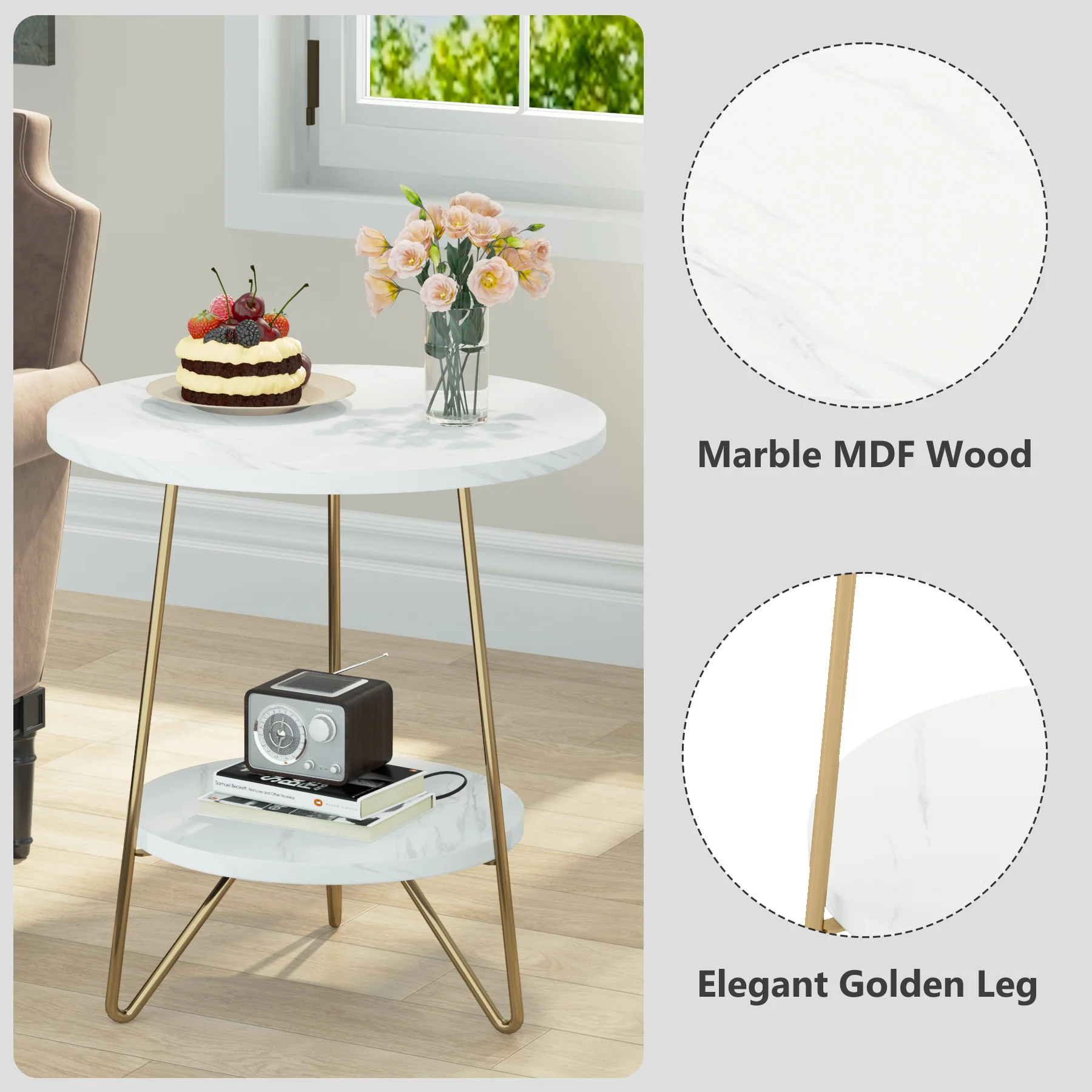 Faux Marble End Table, 2-Tier Round Sofa Bedside Table with Shelves - Image 6
