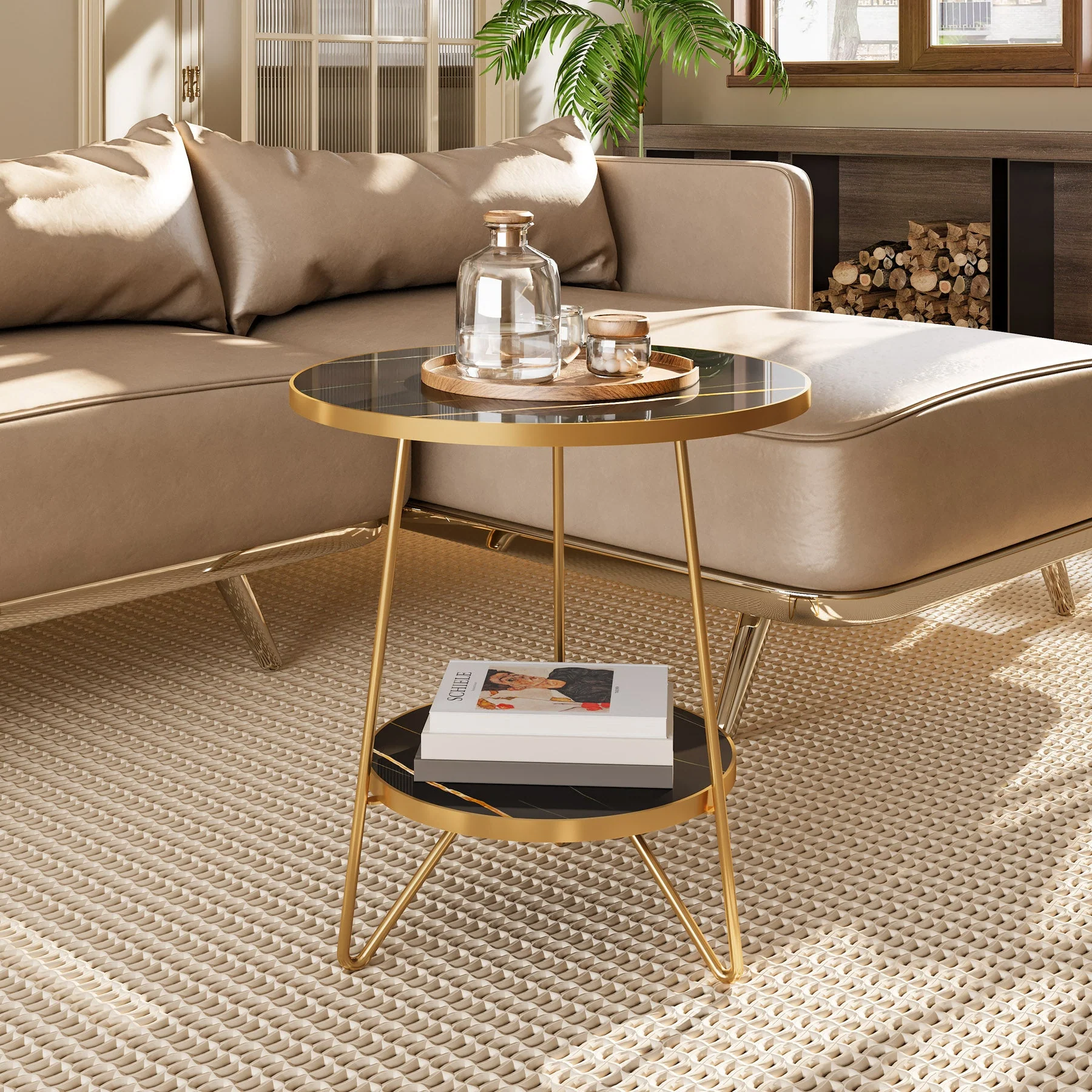 Faux Marble End Table, 2-Tier Round Sofa Bedside Table with Shelves - Image 7