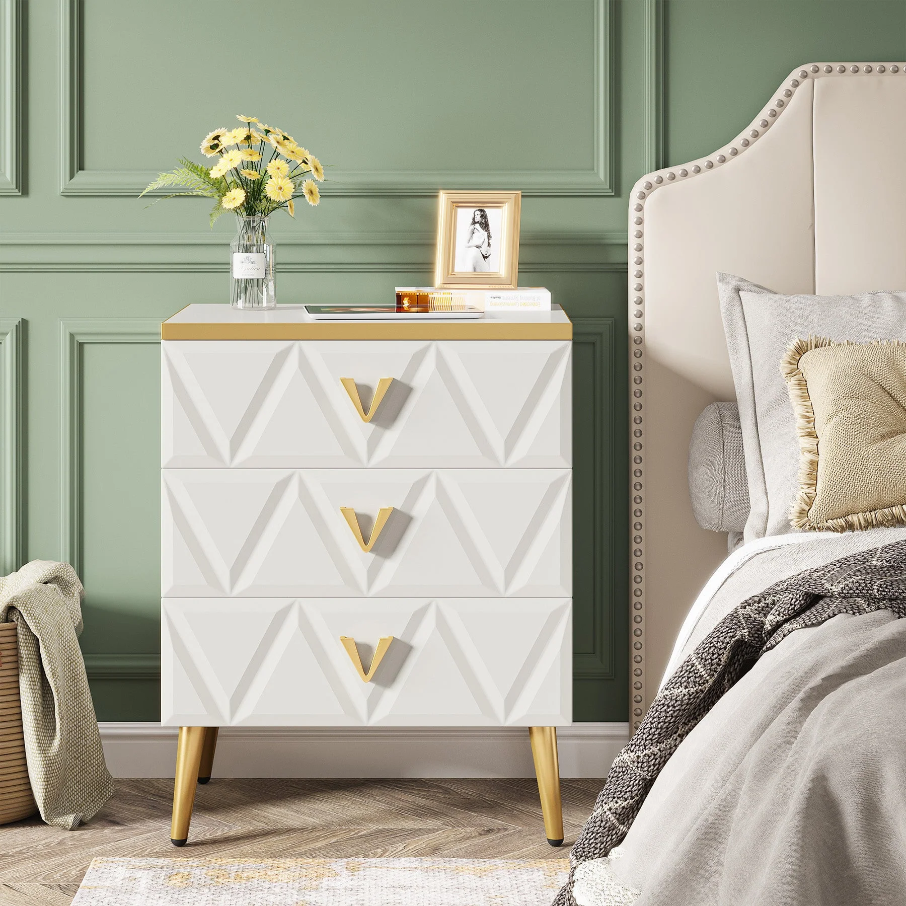 Modern Nightstand, Wooden Bedside Table with 3 Drawers(2PCS) - Image 3