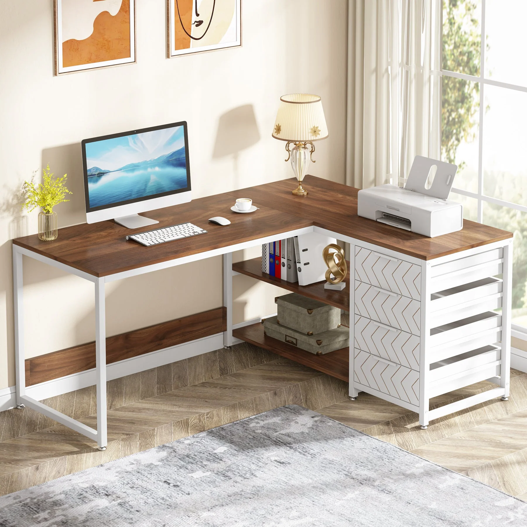 59" L-Shaped Desk, Reversible Corner Desk with Drawers & Shelves - Image 11