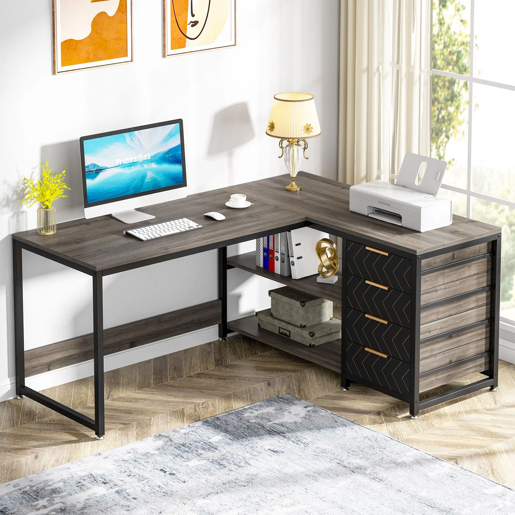 59" L-Shaped Desk, Reversible Corner Desk with Drawers & Shelves - Image 13