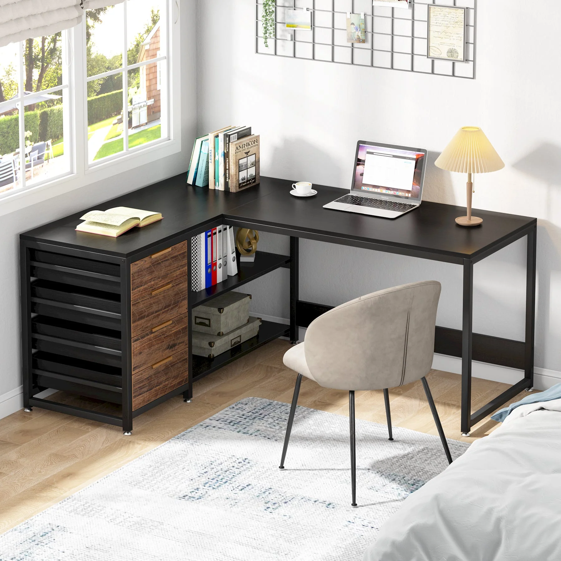 59" L-Shaped Desk, Reversible Corner Desk with Drawers & Shelves - Image 3