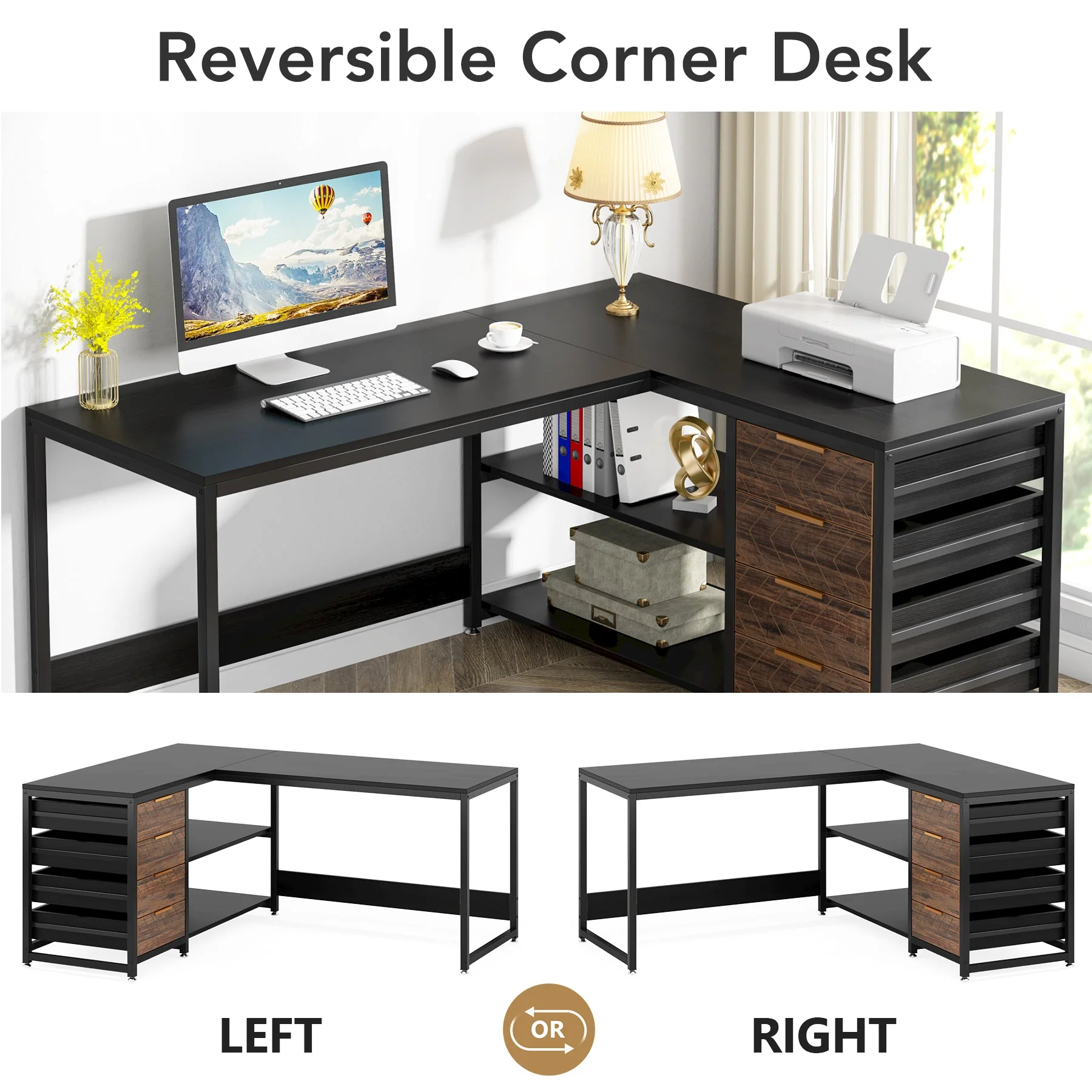 59" L-Shaped Desk, Reversible Corner Desk with Drawers & Shelves - Image 5