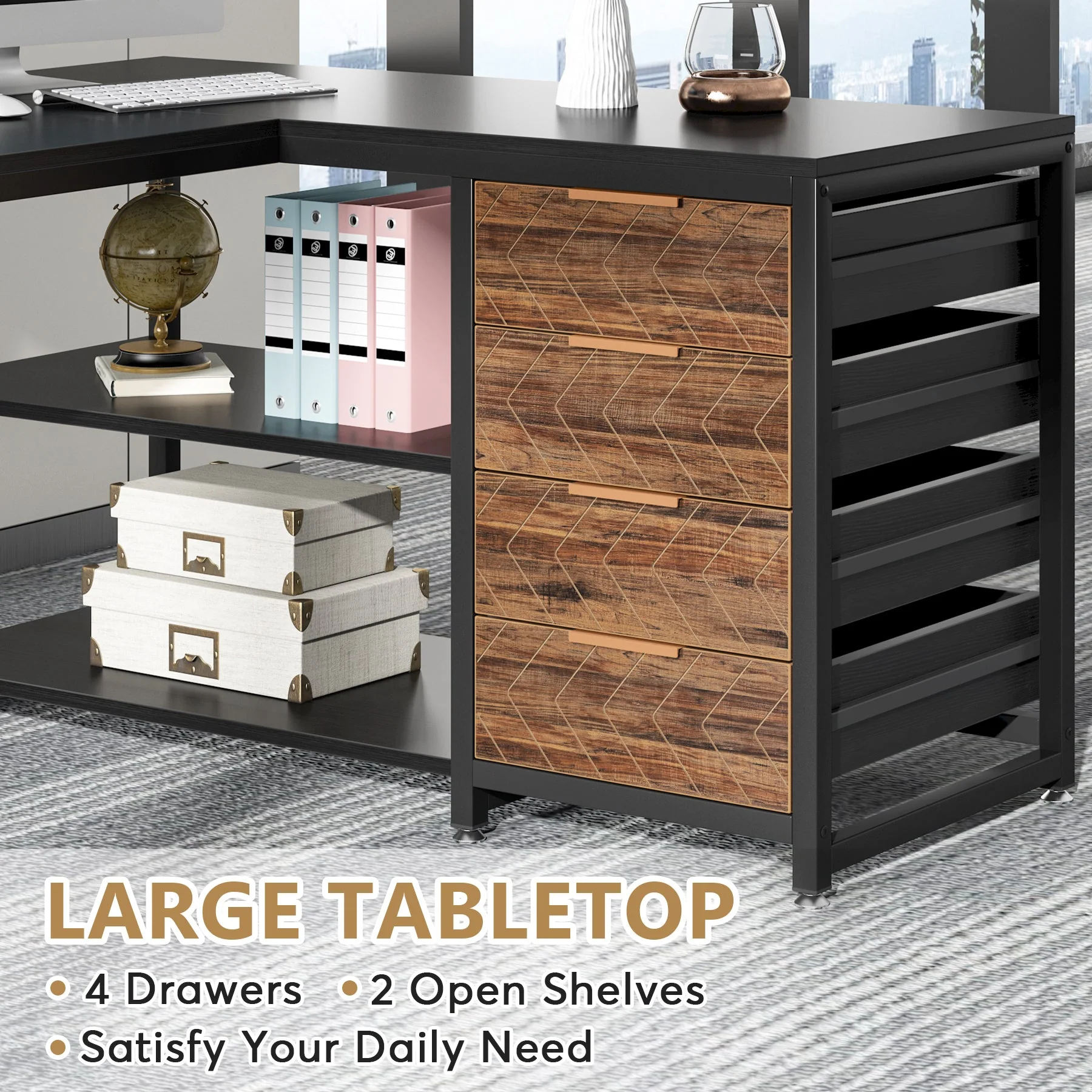 59" L-Shaped Desk, Reversible Corner Desk with Drawers & Shelves - Image 6