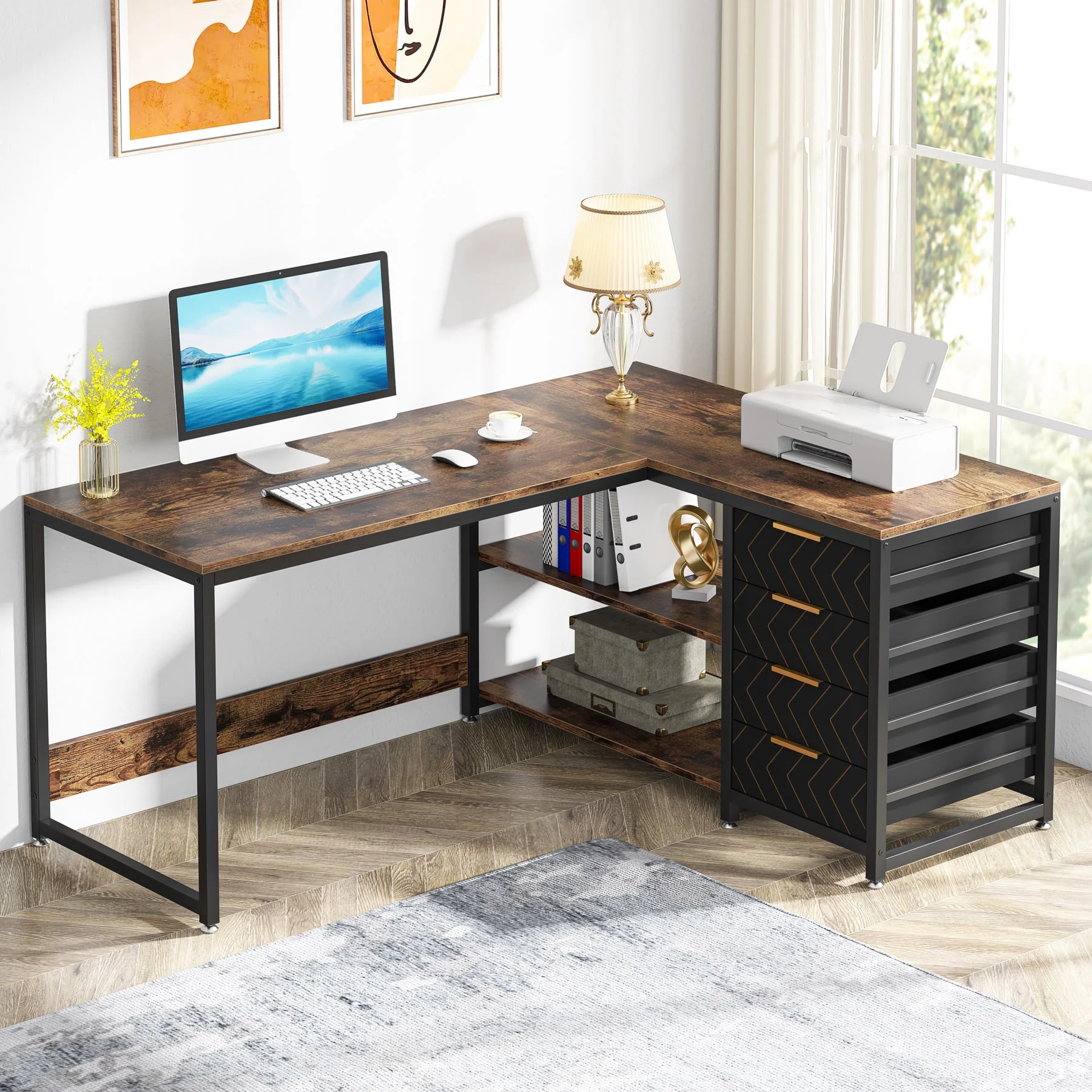 59" L-Shaped Desk, Reversible Corner Desk with Drawers & Shelves - Image 9
