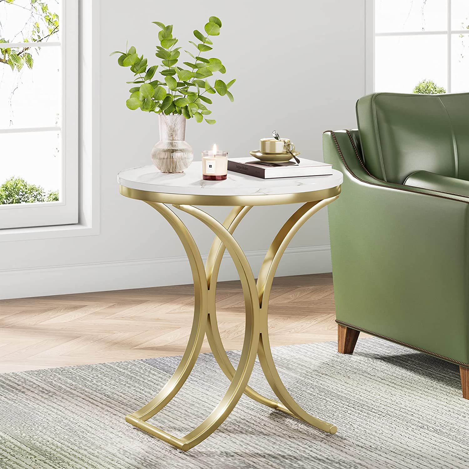 Round End Table Sofa Side Table Small Coffee Table with Metal Frame - Image 3