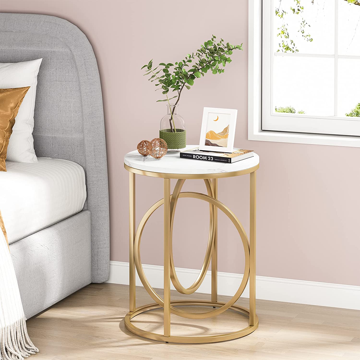 Round End Table, Modern Sofa Side Table with Faux Marble Top - Image 3