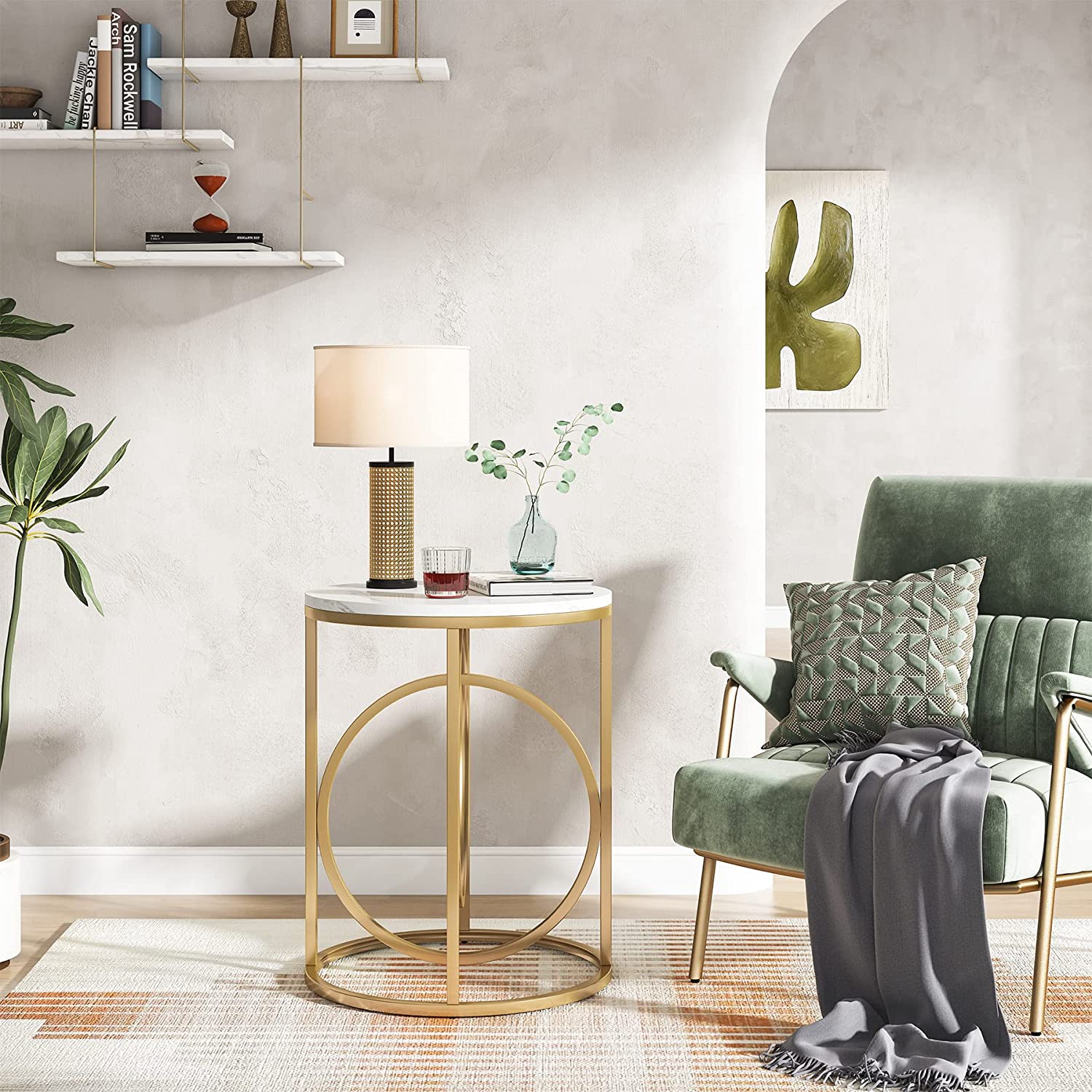 Round End Table, Modern Sofa Side Table with Faux Marble Top - Image 4