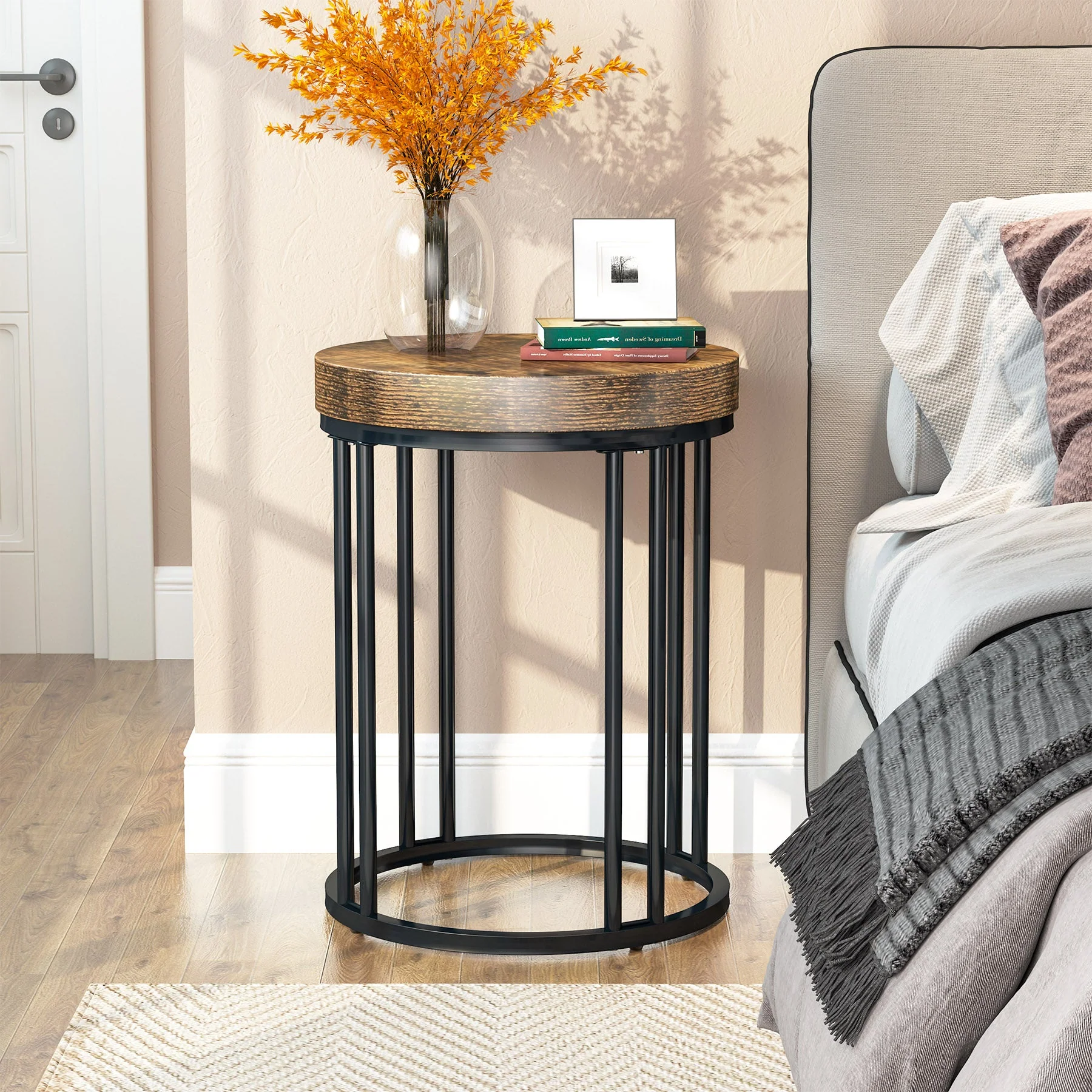Round End Table, Small Accent Side Table with Metal Frame - Image 4