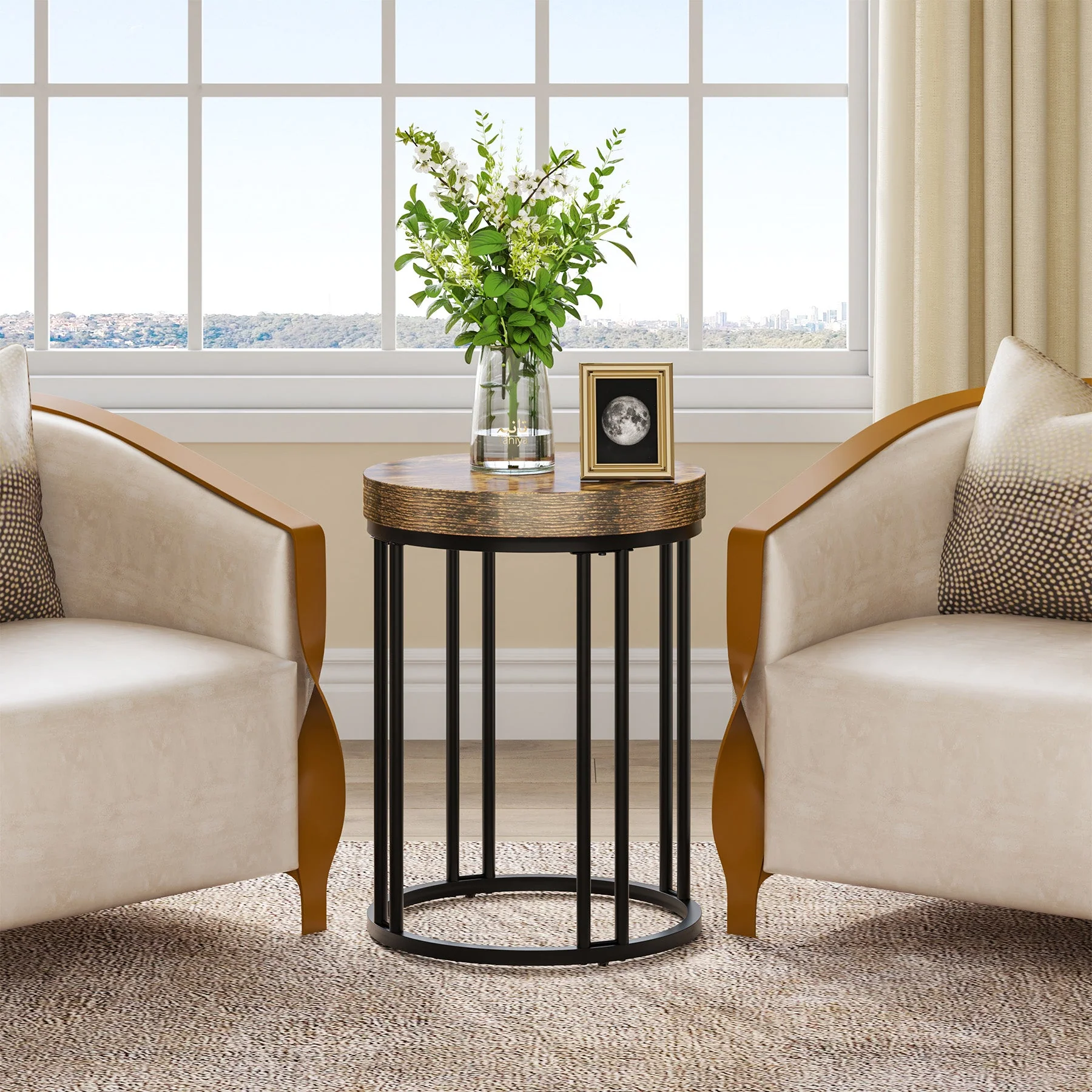 Round End Table, Small Accent Side Table with Metal Frame - Image 5