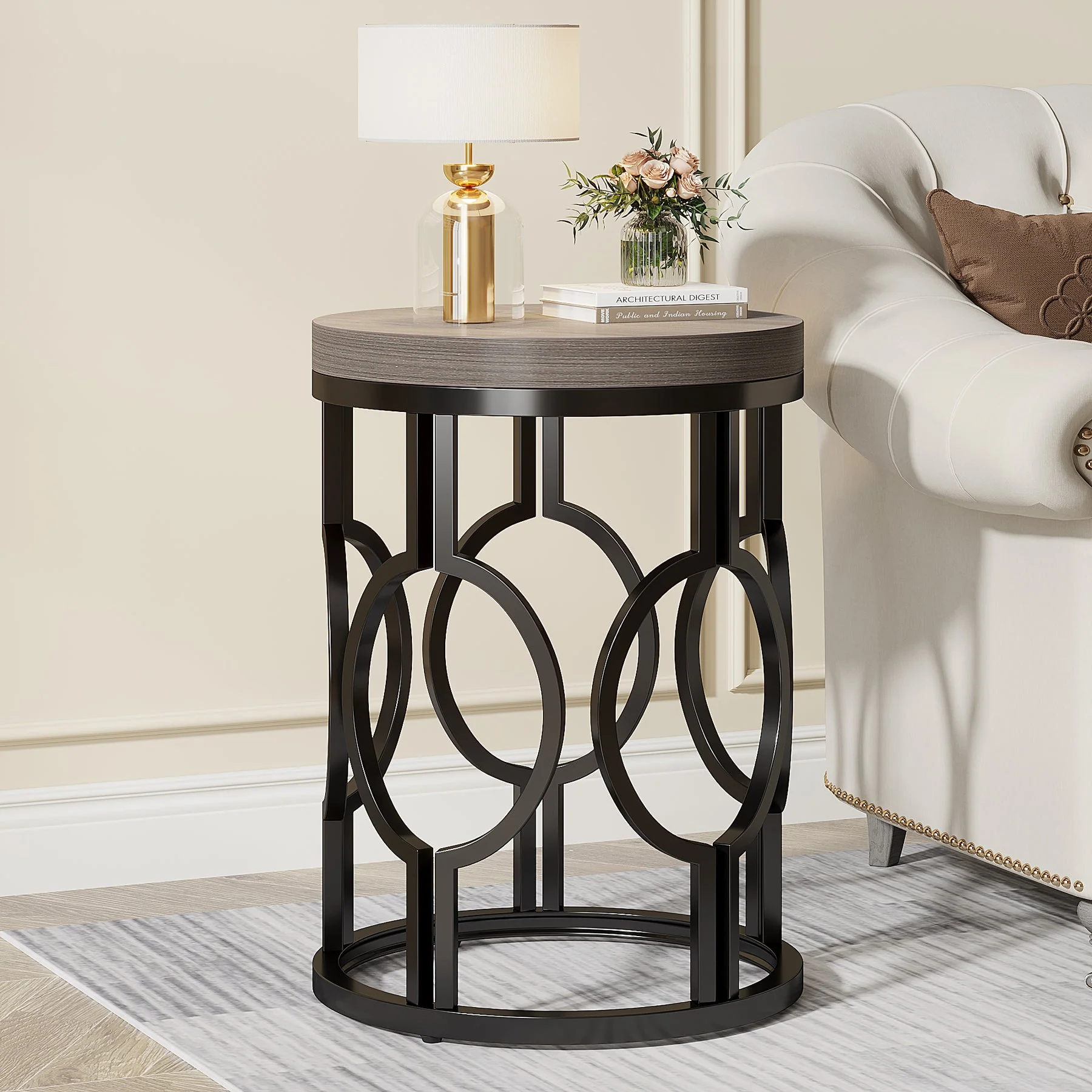 Round End Table, Industrial Side Table with Metal Hollow Frame - Image 10