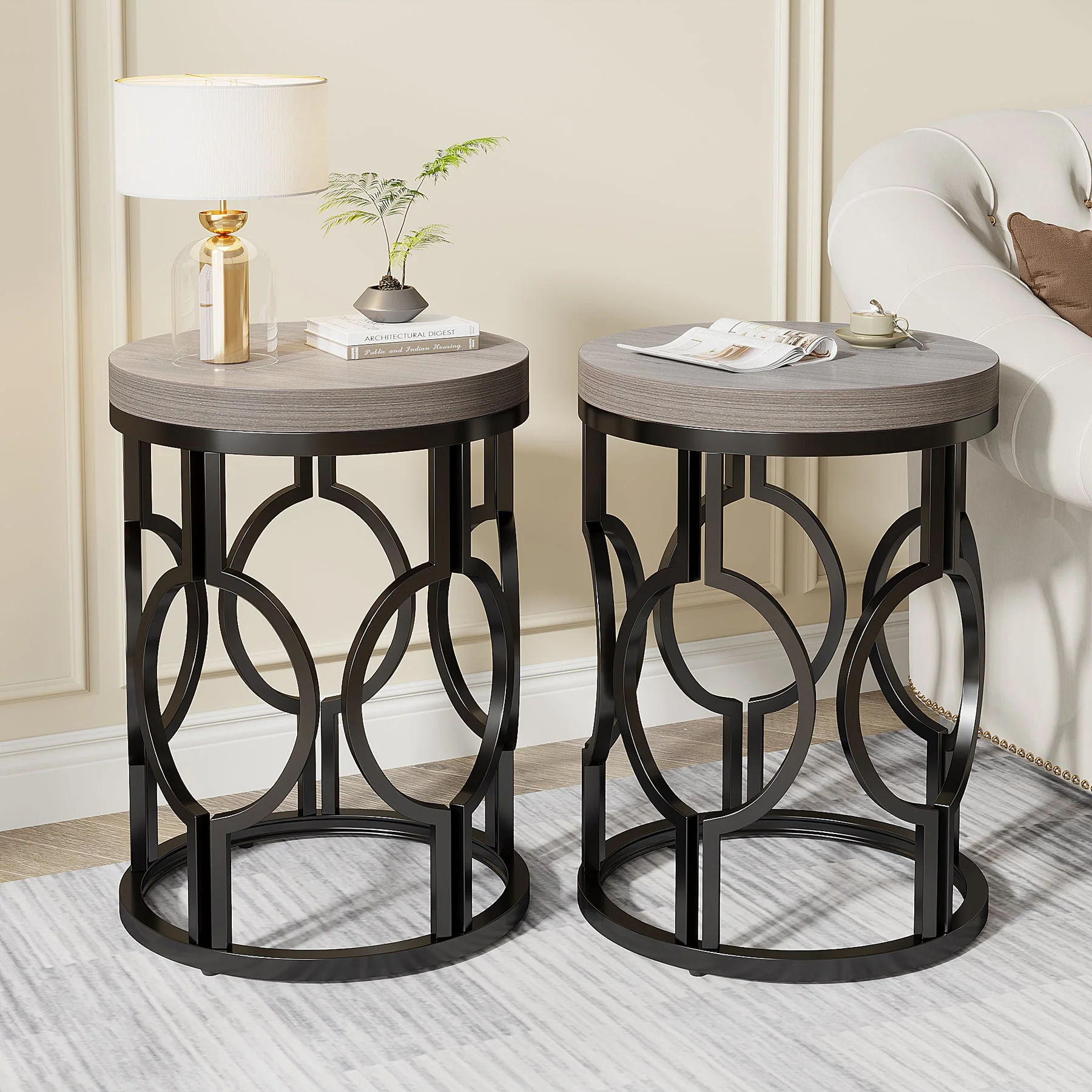 Round End Table, Industrial Side Table with Metal Hollow Frame - Image 12