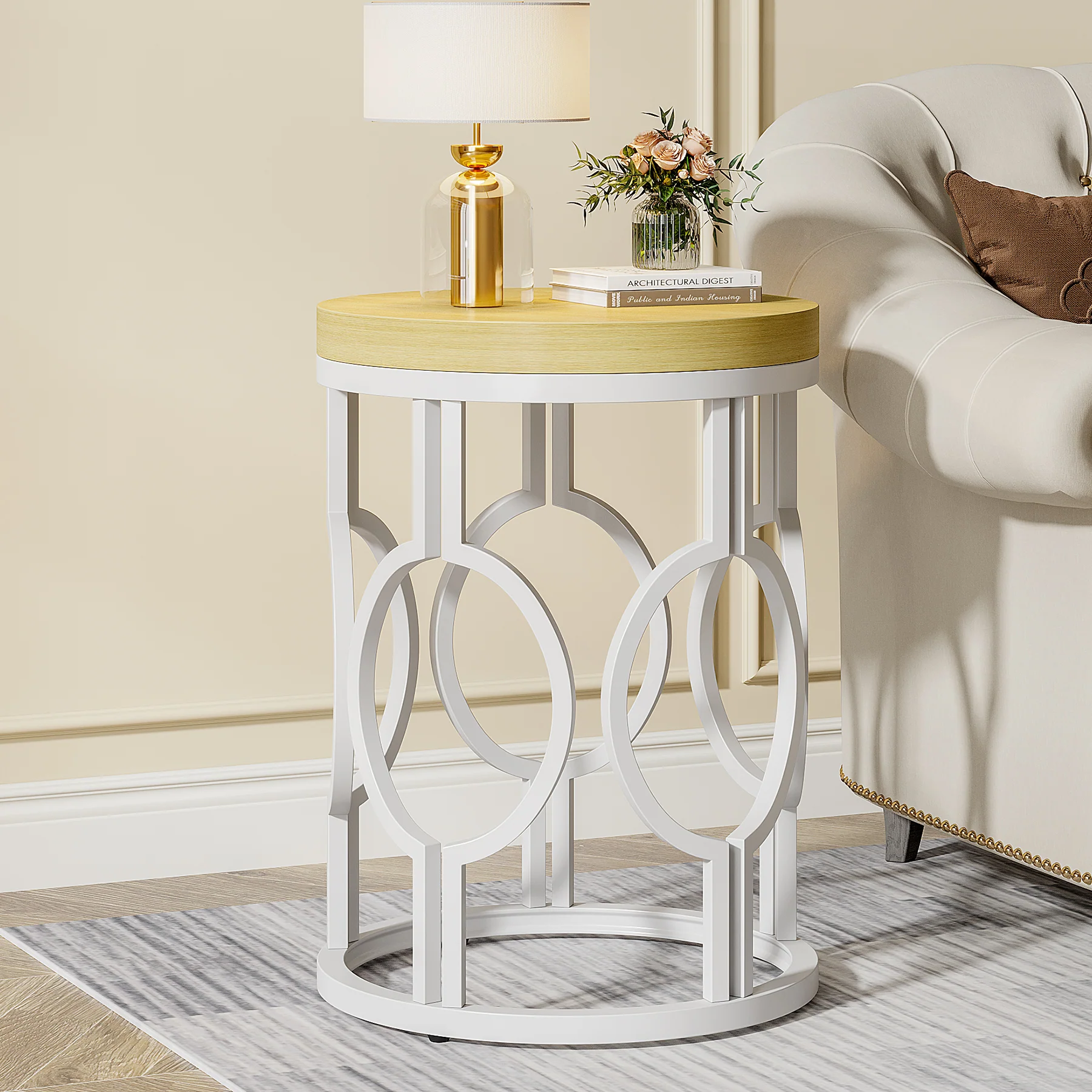 Round End Table, Industrial Side Table with Metal Hollow Frame - Image 14