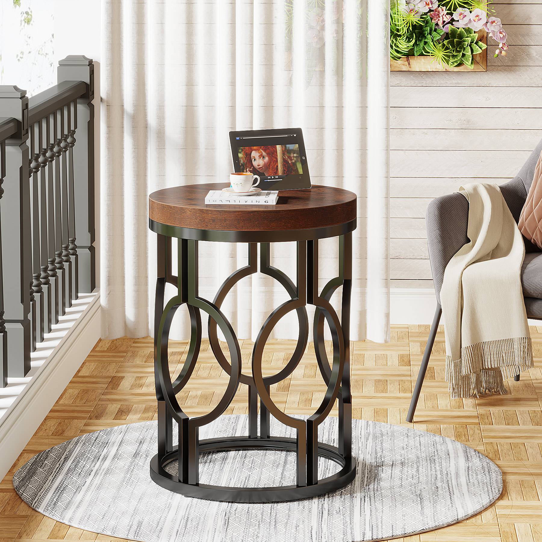 Round End Table, Industrial Side Table with Metal Hollow Frame - Image 3