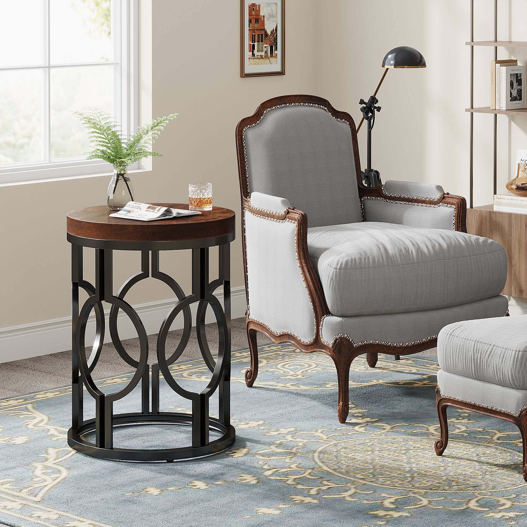 Round End Table, Industrial Side Table with Metal Hollow Frame - Image 4