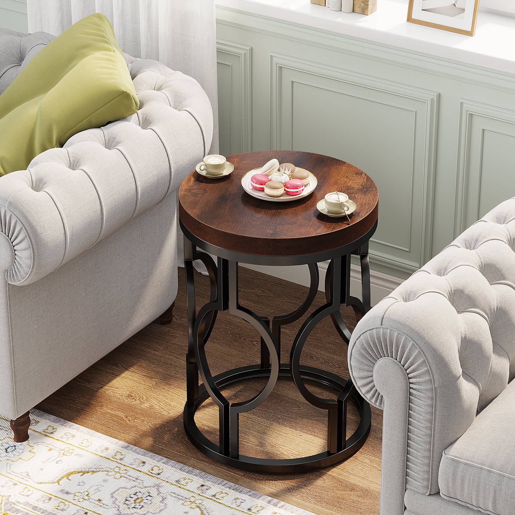 Round End Table, Industrial Side Table with Metal Hollow Frame - Image 5