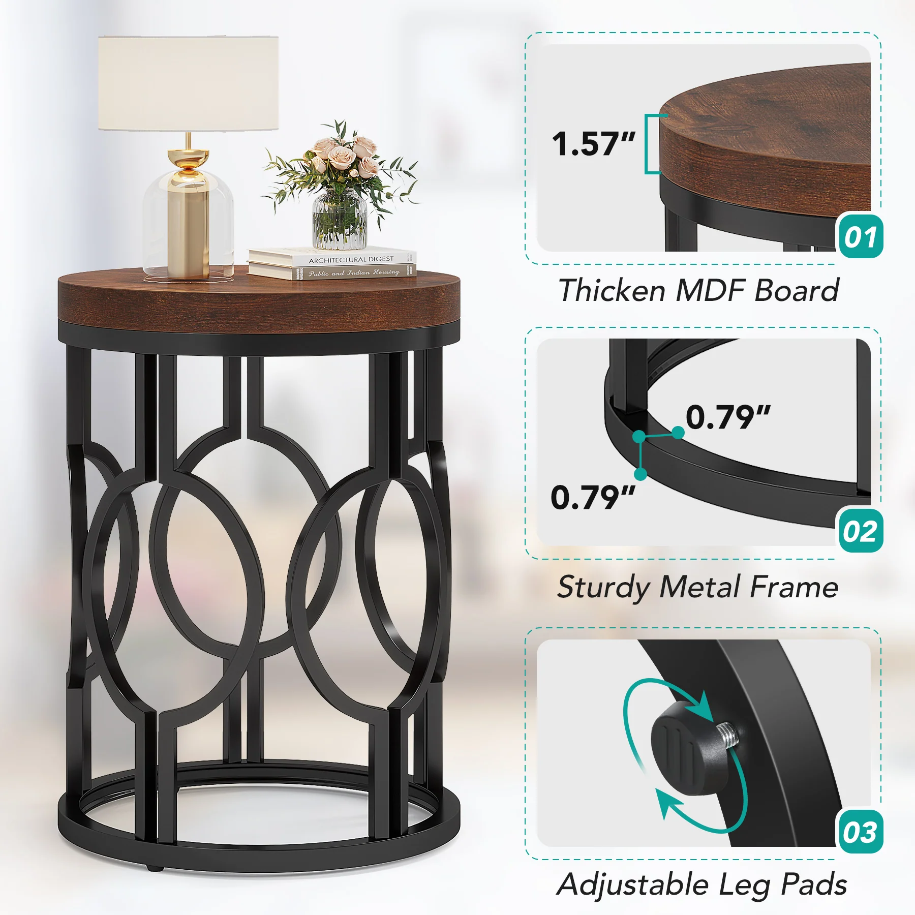 Round End Table, Industrial Side Table with Metal Hollow Frame - Image 7