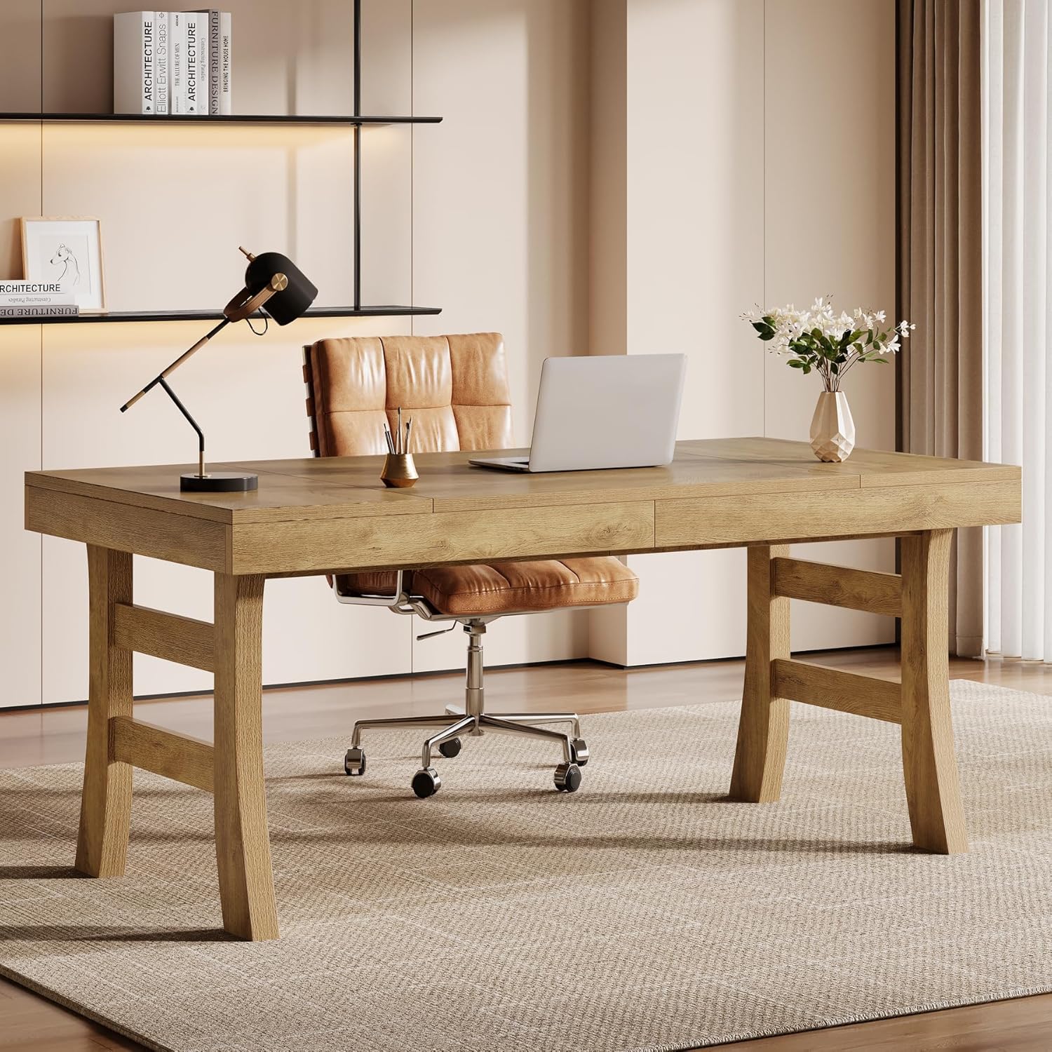 63" Executive Desk, Vintage Office Computer Desk Writing Table with Sturdy Legs - Image 3