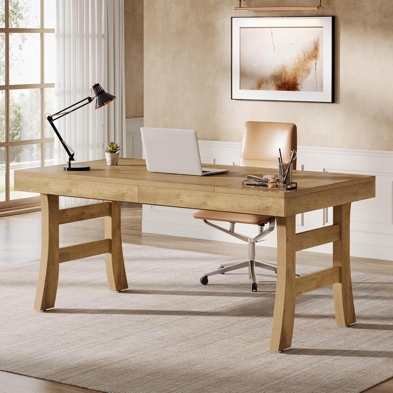 63" Executive Desk, Vintage Office Computer Desk Writing Table with Sturdy Legs - Image 4