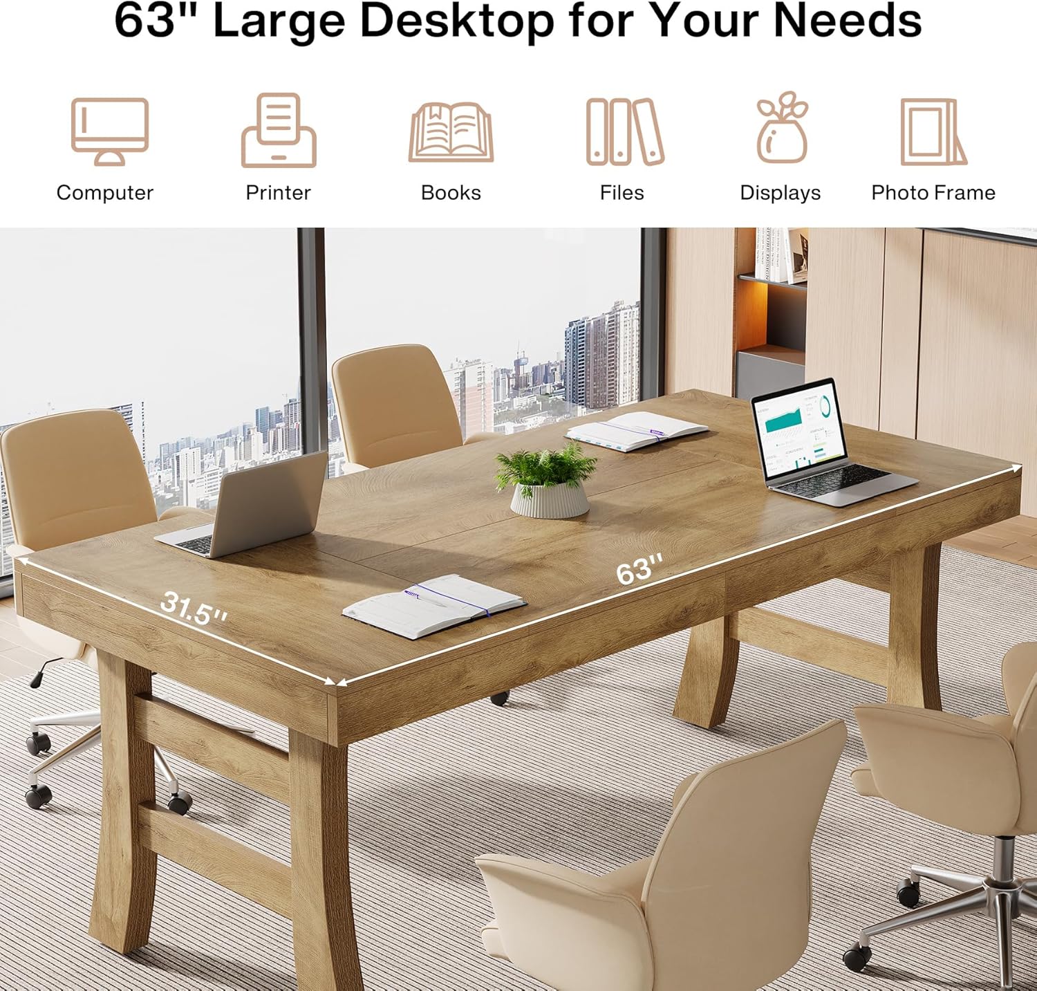 63" Executive Desk, Vintage Office Computer Desk Writing Table with Sturdy Legs - Image 6