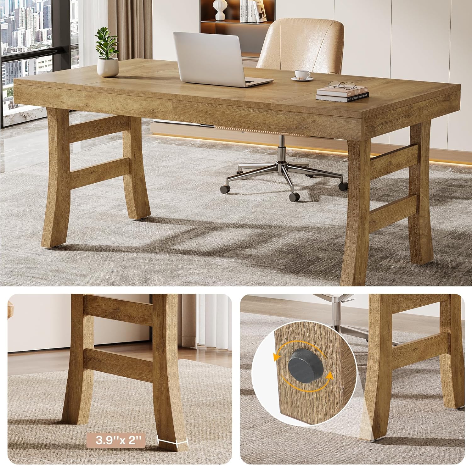 63" Executive Desk, Vintage Office Computer Desk Writing Table with Sturdy Legs - Image 7